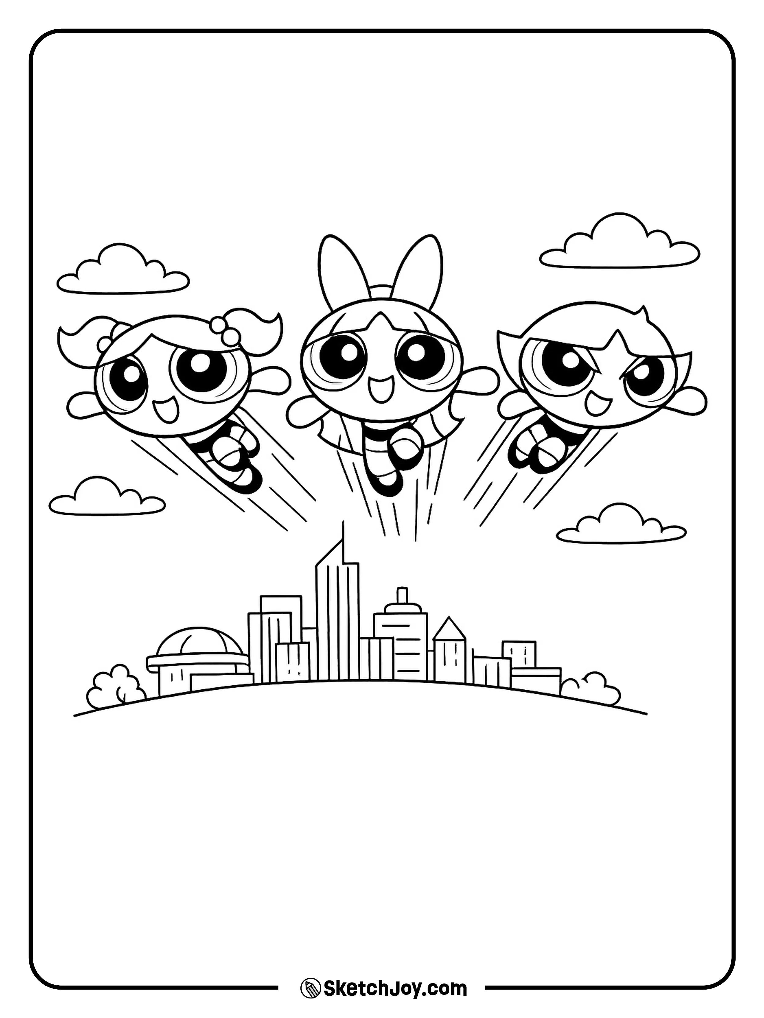 Blossom, Bubbles, and Buttercup soar as a team over Townsville.