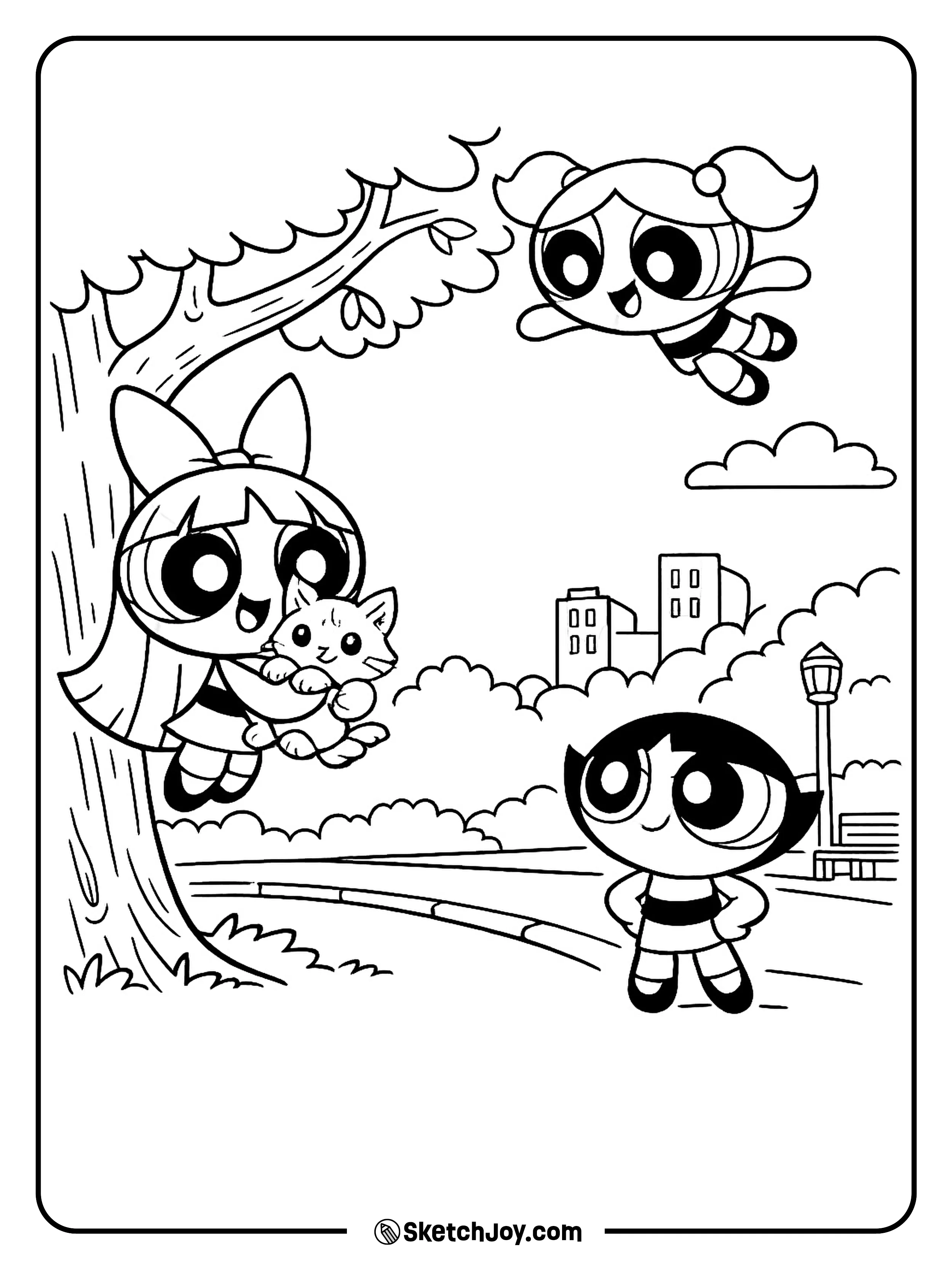 The girls help a little cat in a sweet city rescue.