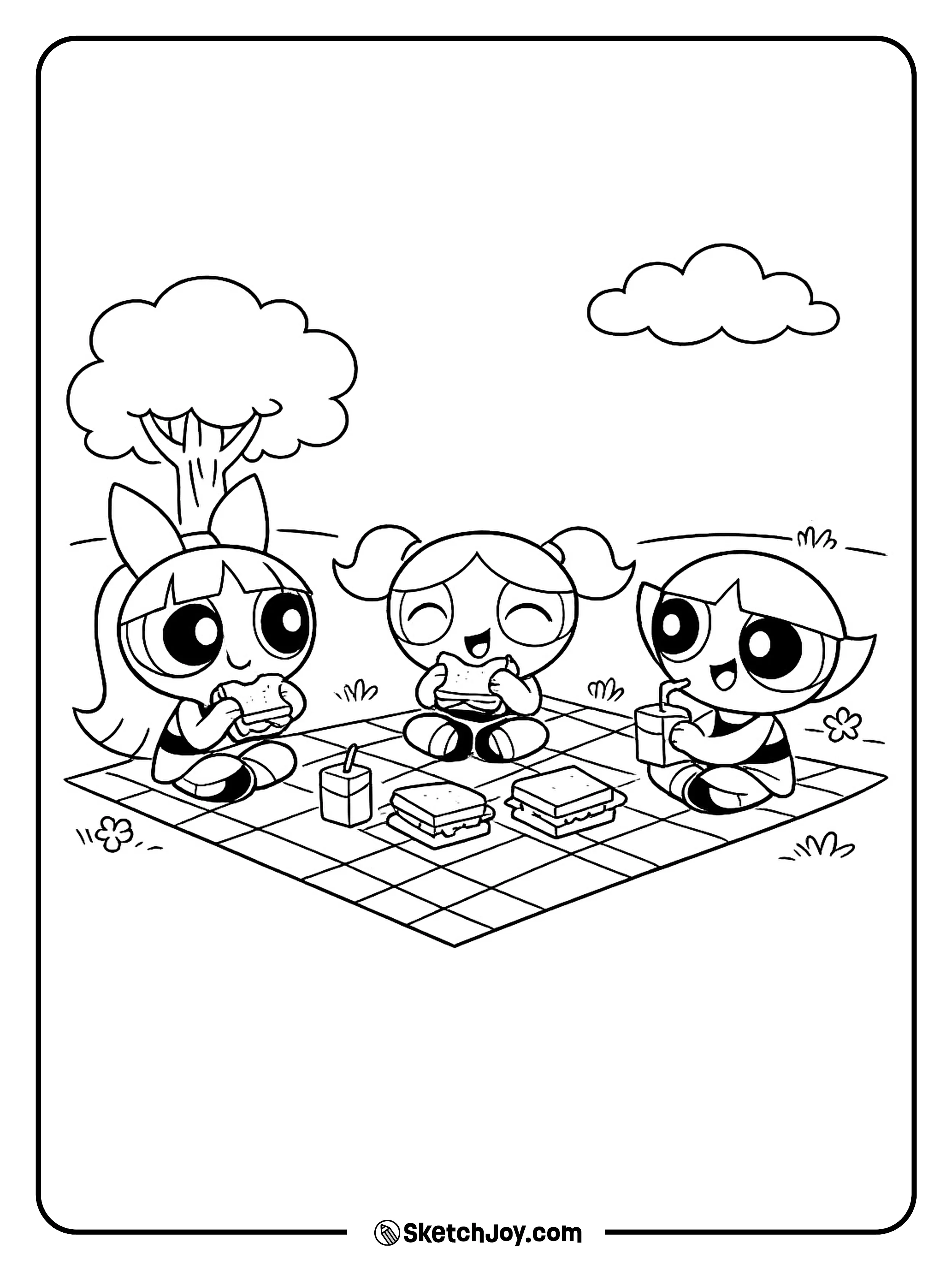 The girls enjoy a simple picnic break in the park.