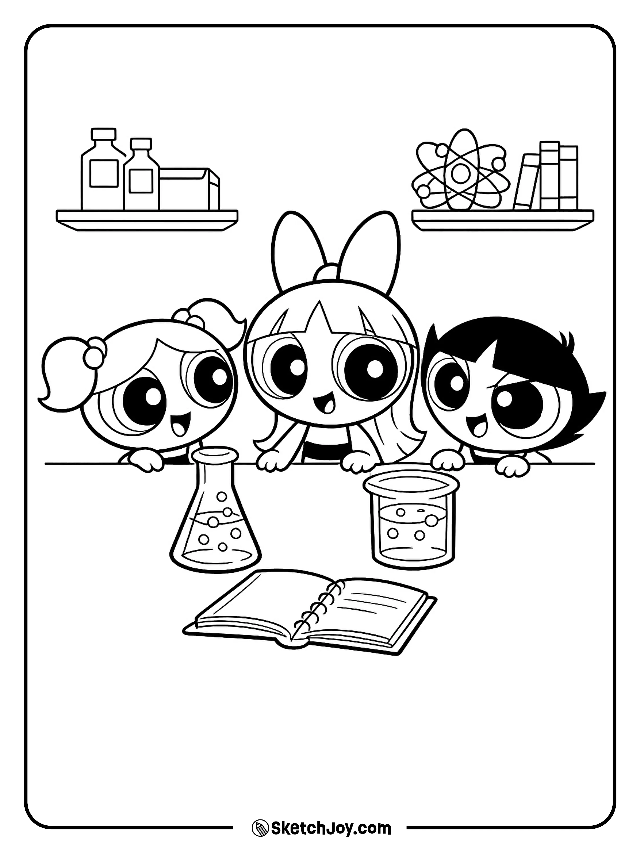 The three girls gather around a fun science table in the lab.