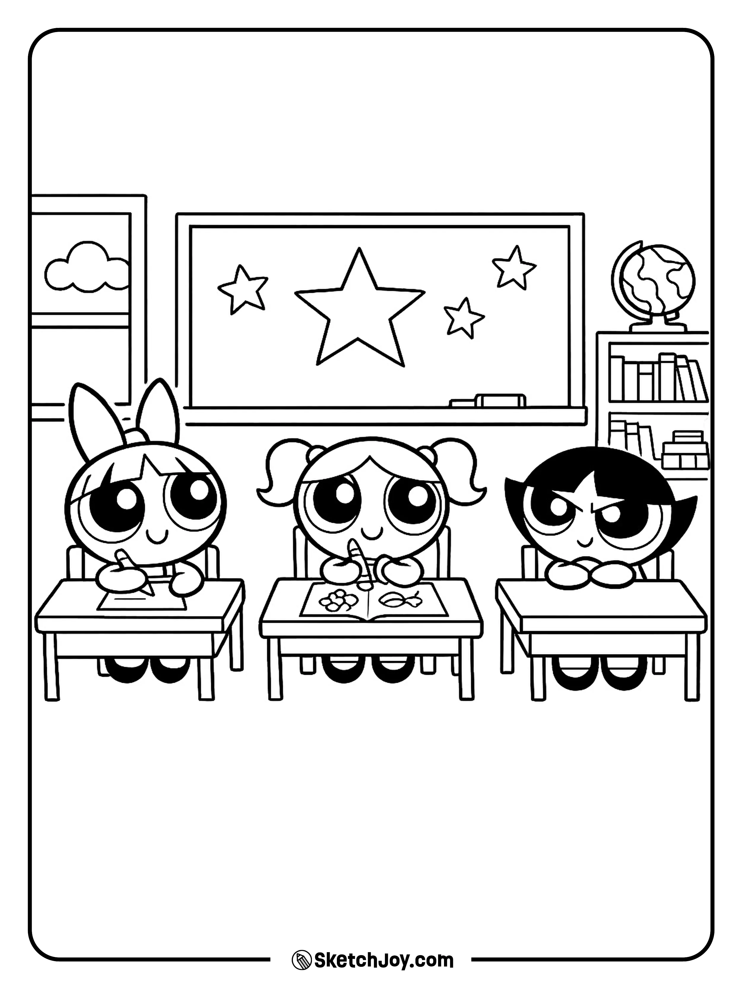 The girls sit at school with a fun and simple classroom look.