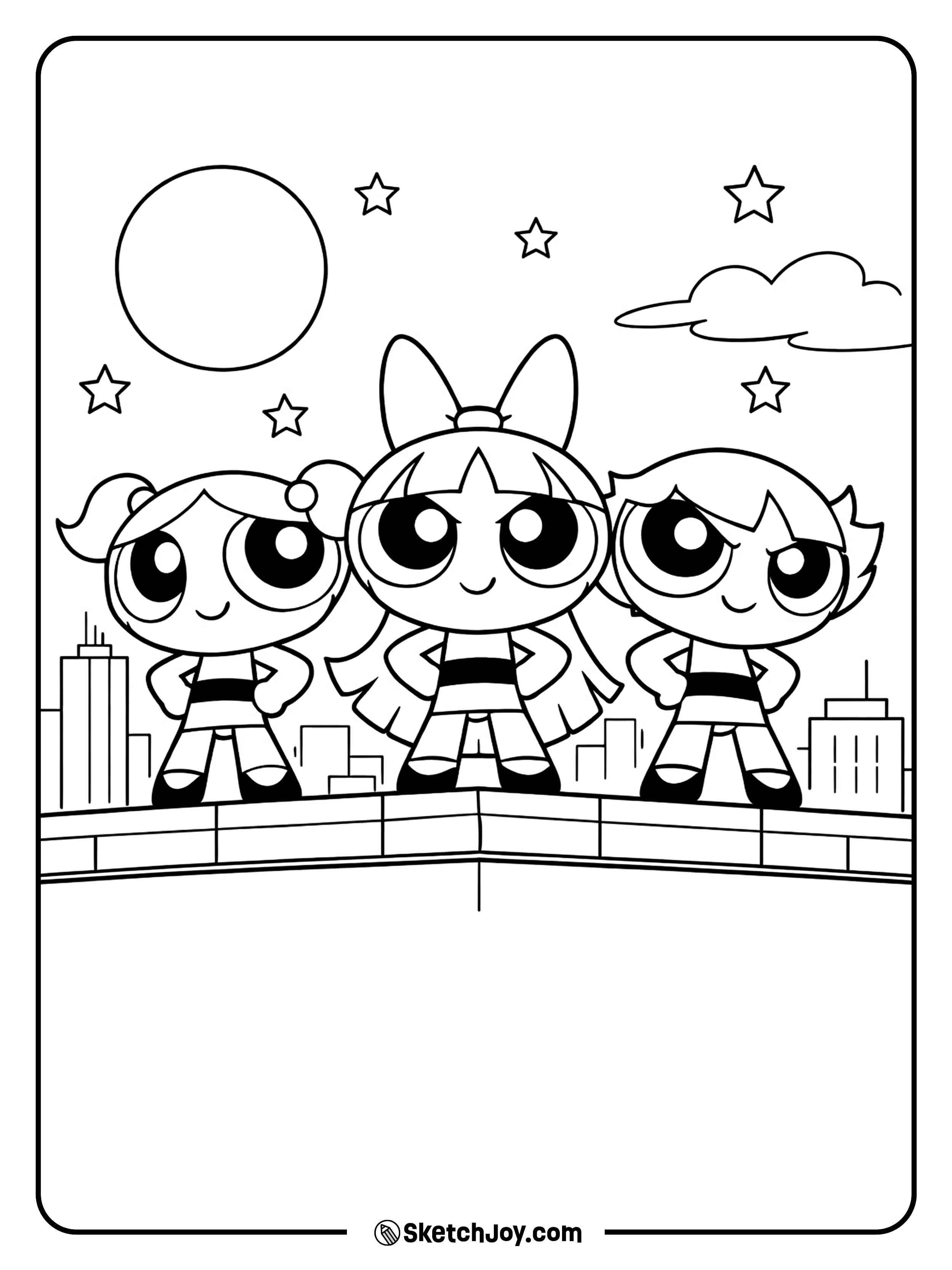 The girls stand together like heroes on a tall rooftop.