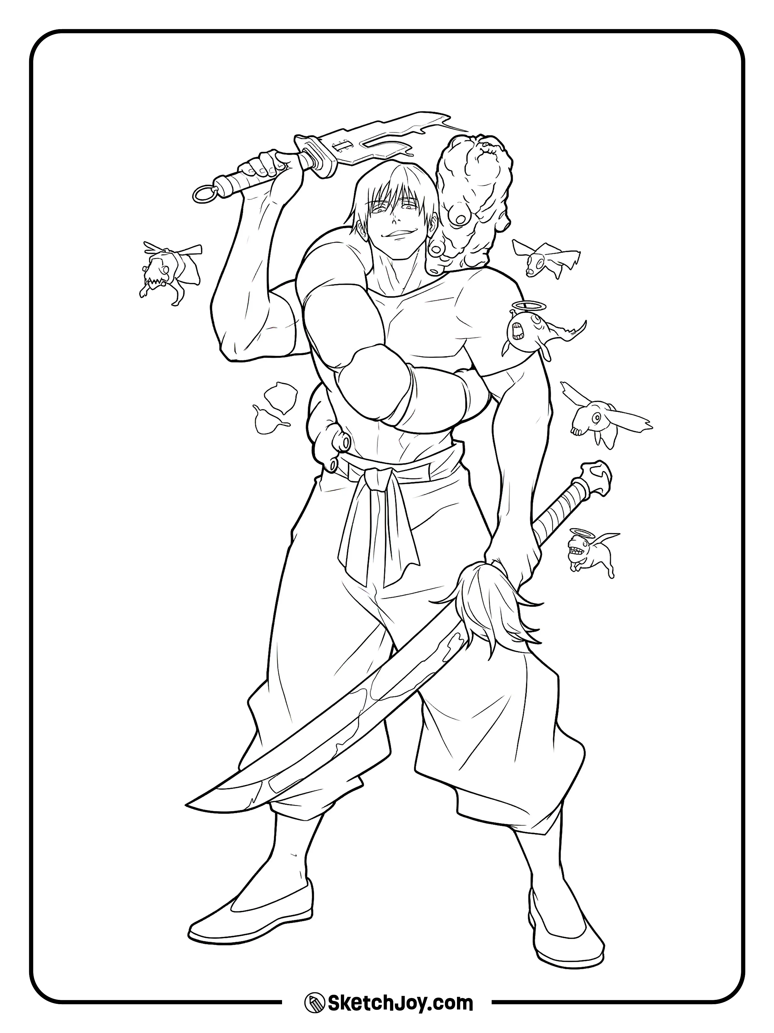 Toji stands with a cold grin as cursed spirits and weapons surround him.