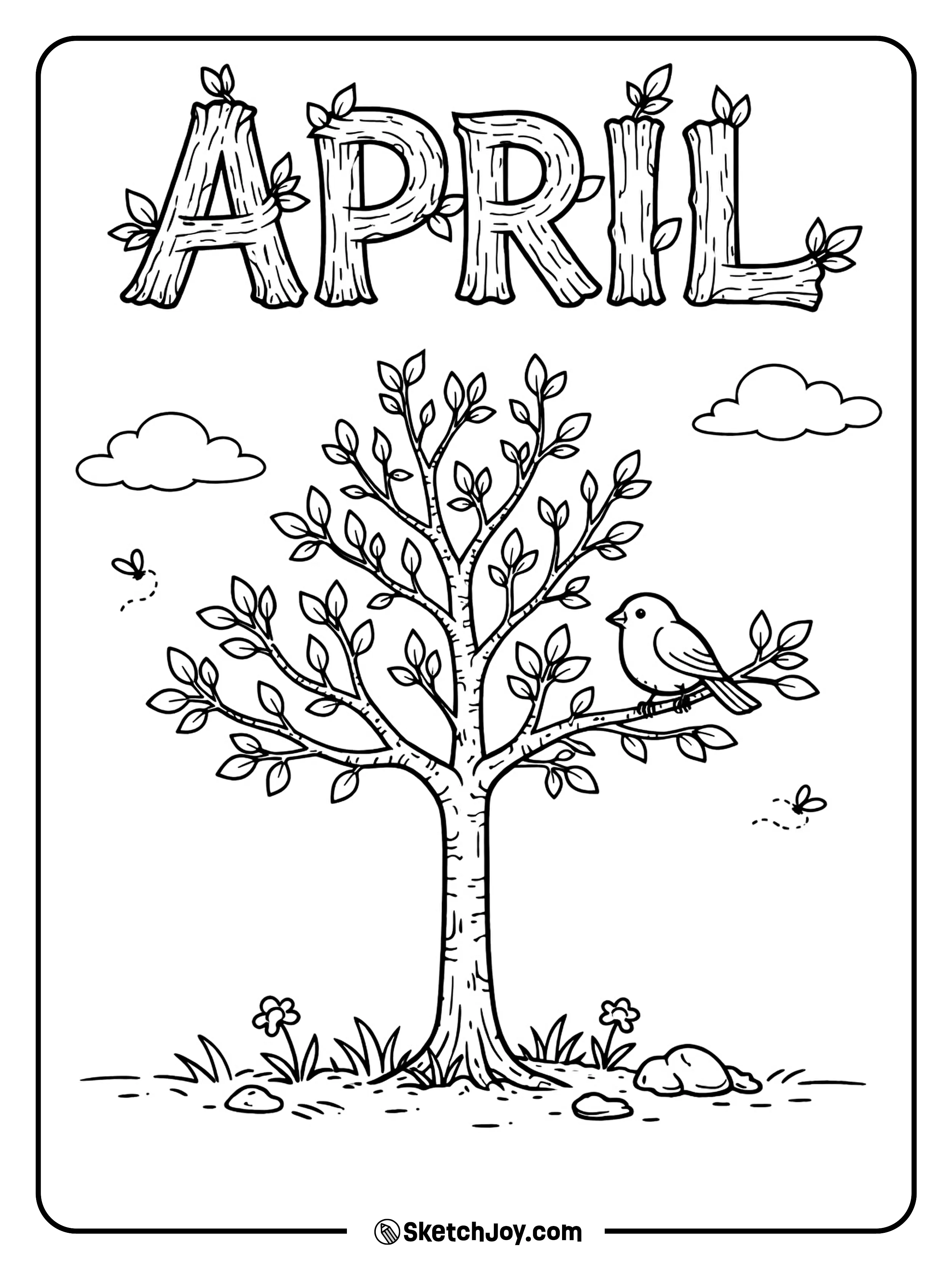 A young tree grows with leaves and a little bird nearby.