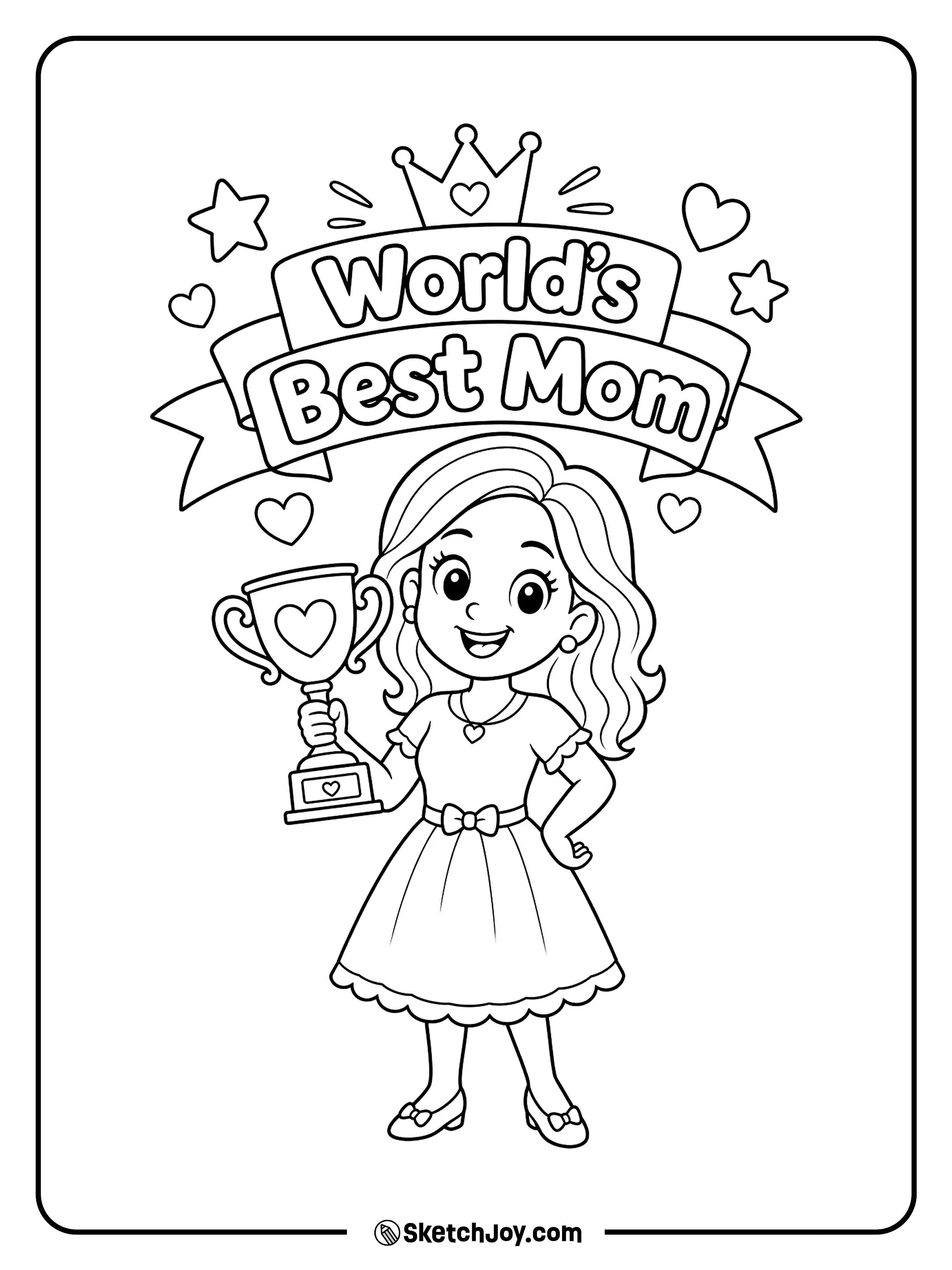 A proud mom holds a trophy and smiles with pride.