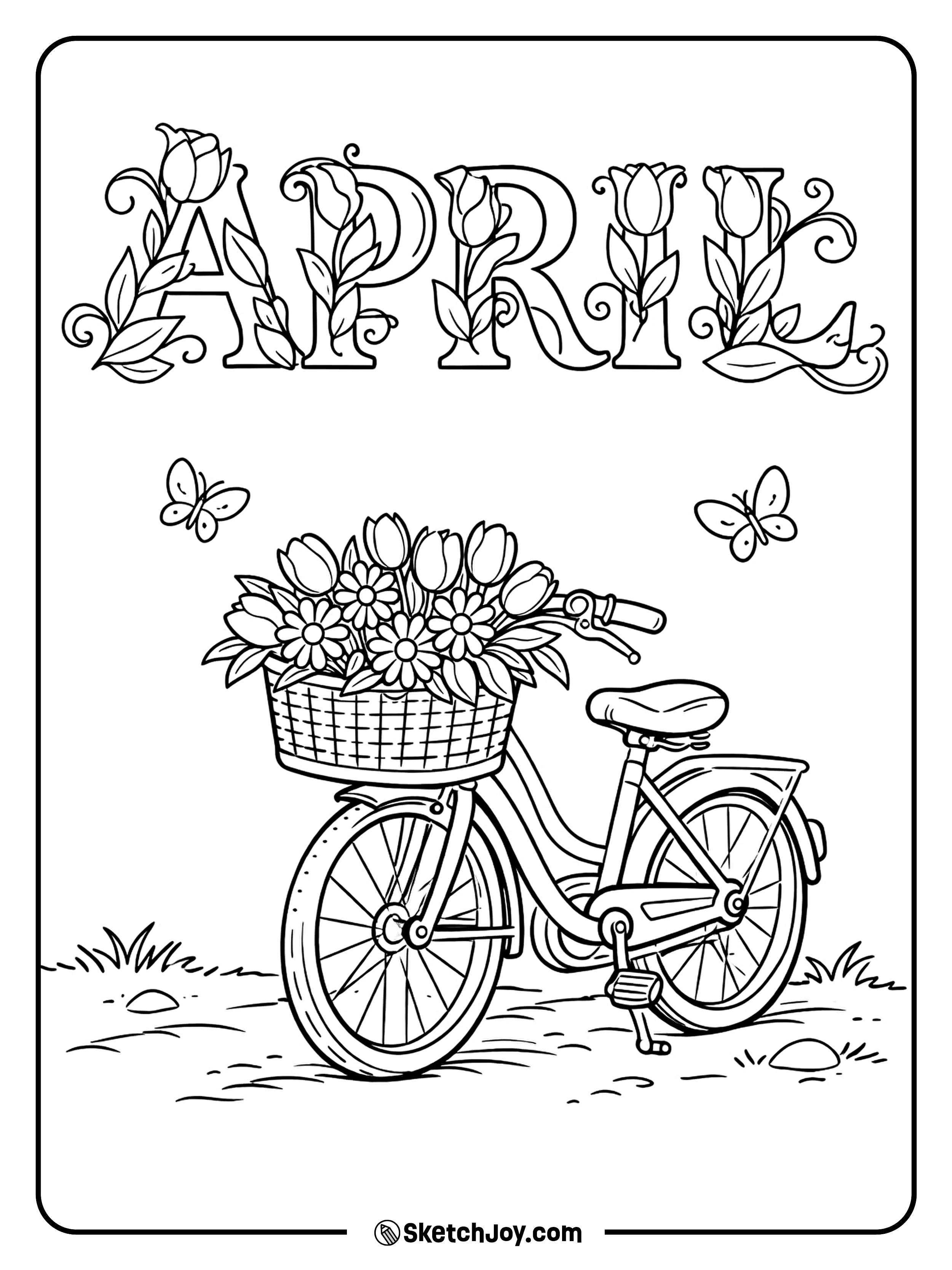 A bicycle carries a basket full of tulips on a bright spring day.