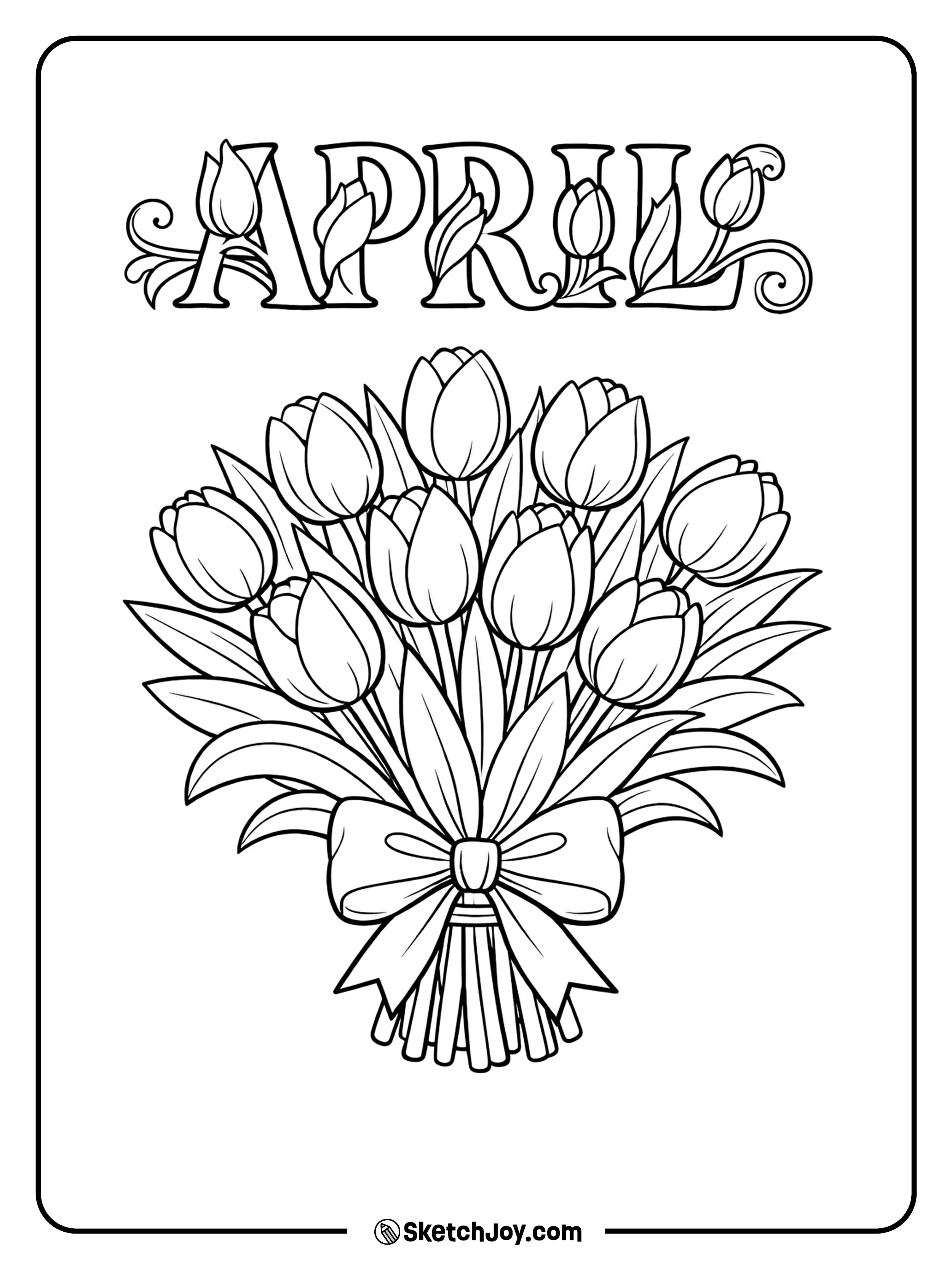 A neat bouquet of tulips is tied with a ribbon below APRIL.