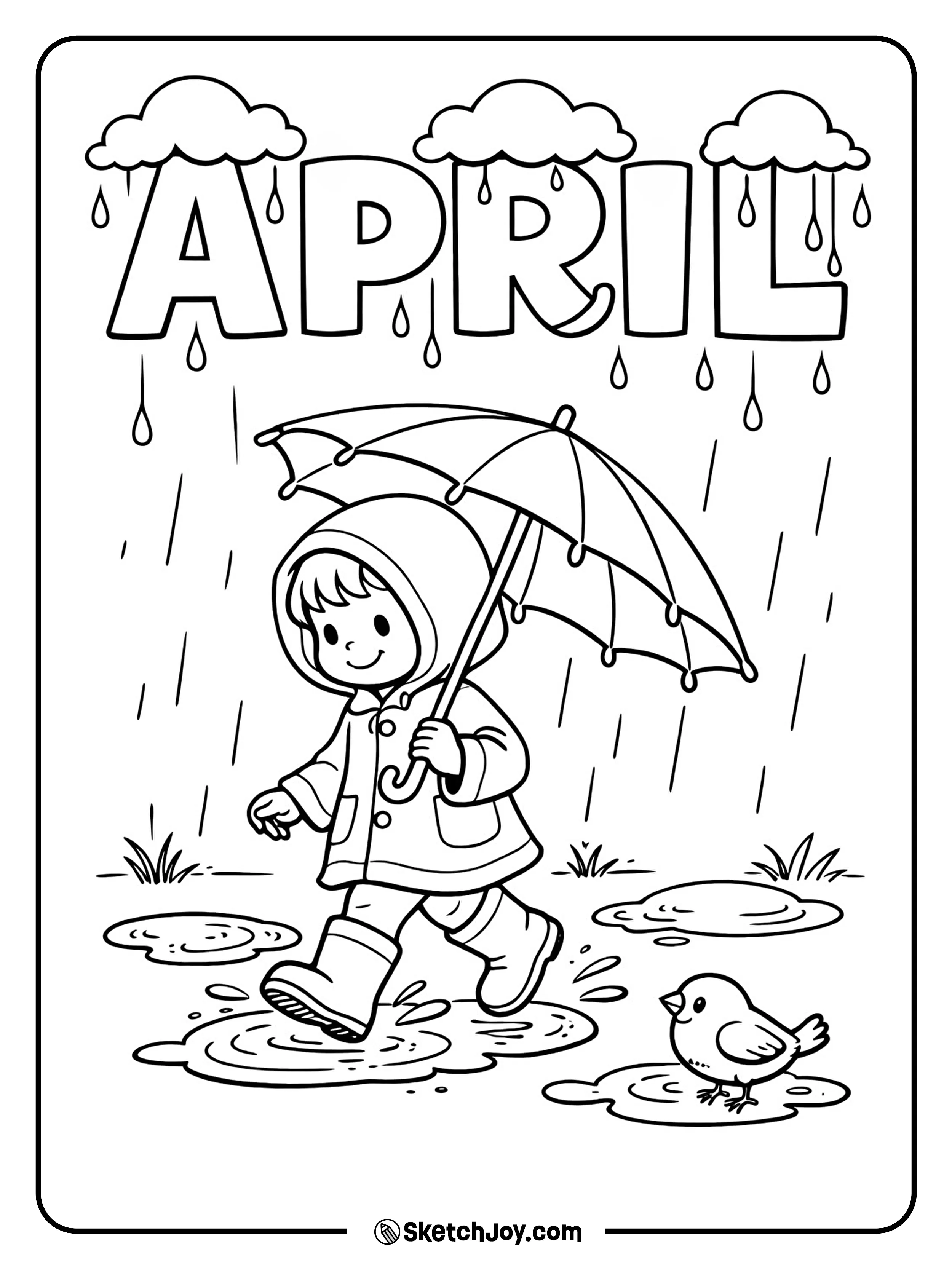 A child walks with an umbrella while raindrops fall around.