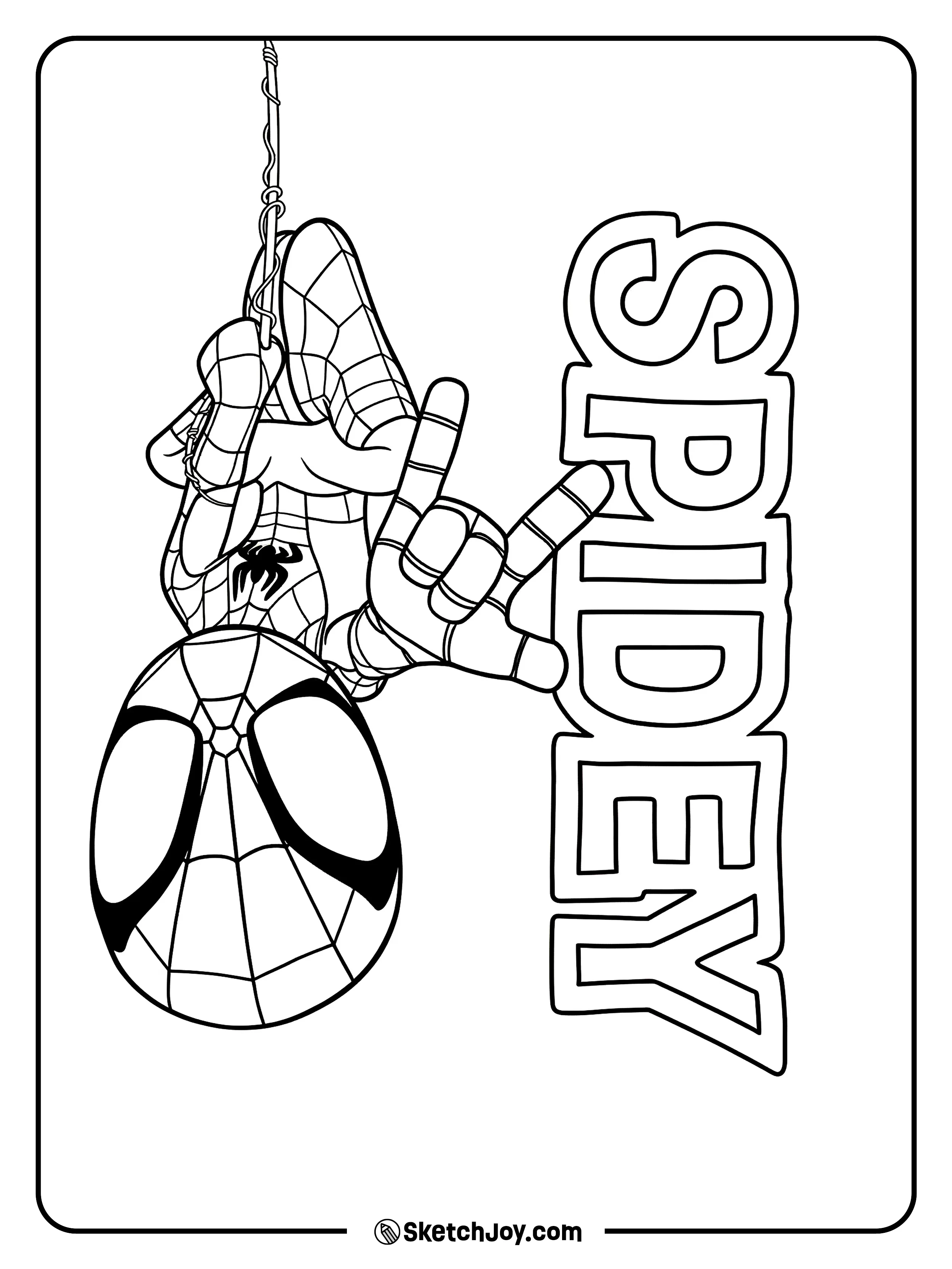 Spidey hangs upside down next to his name in a bold layout.
