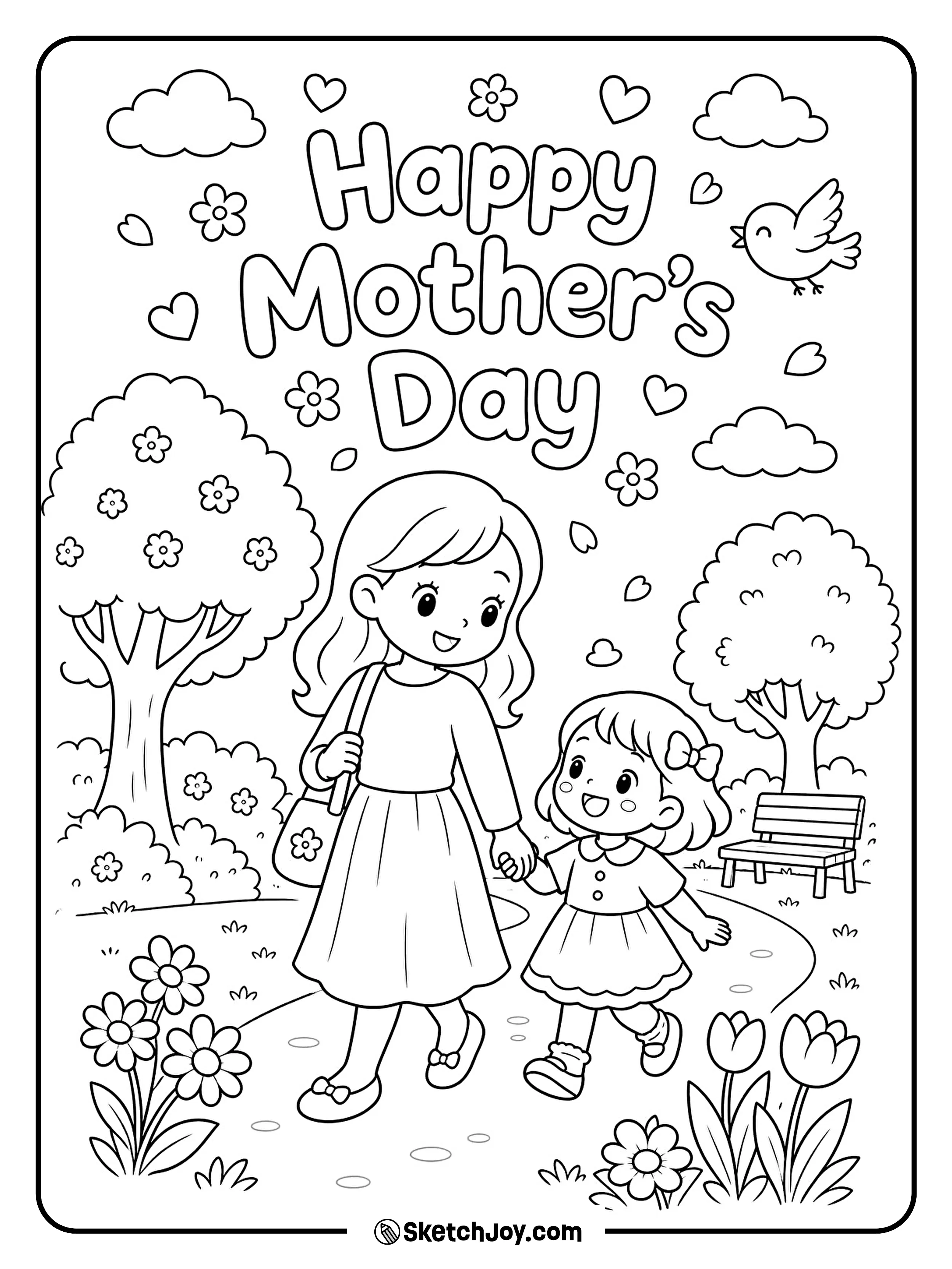 Mom and child enjoy a sweet walk in the park.