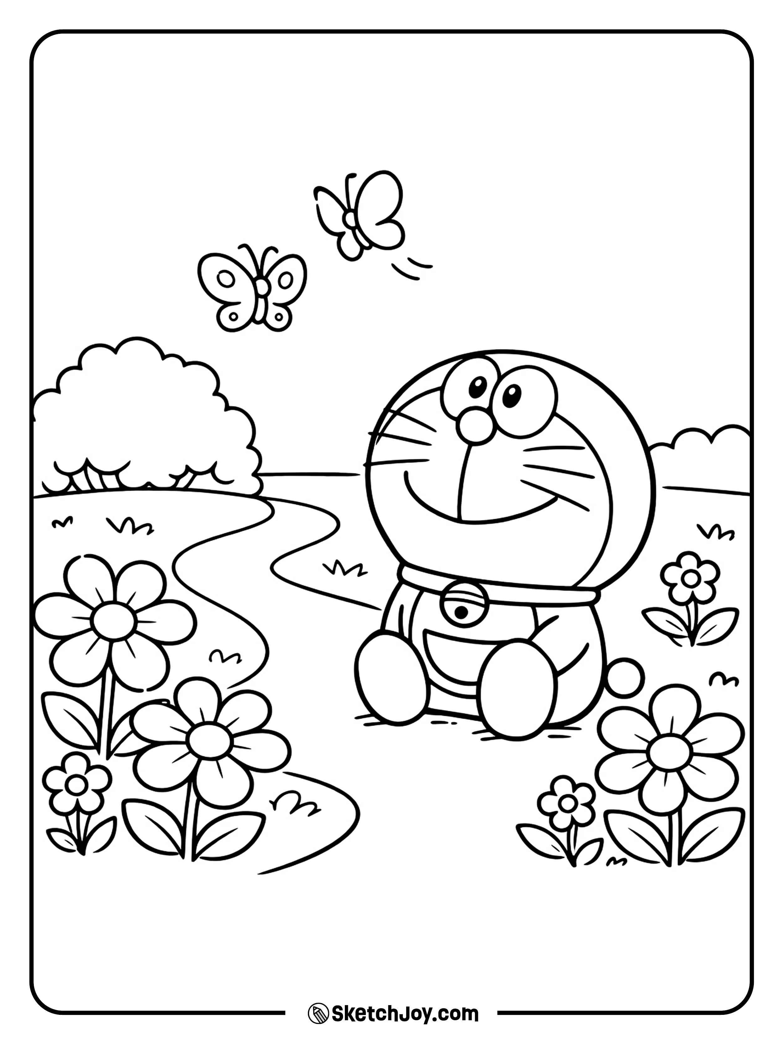 Doraemon stands quietly as butterflies float around him.