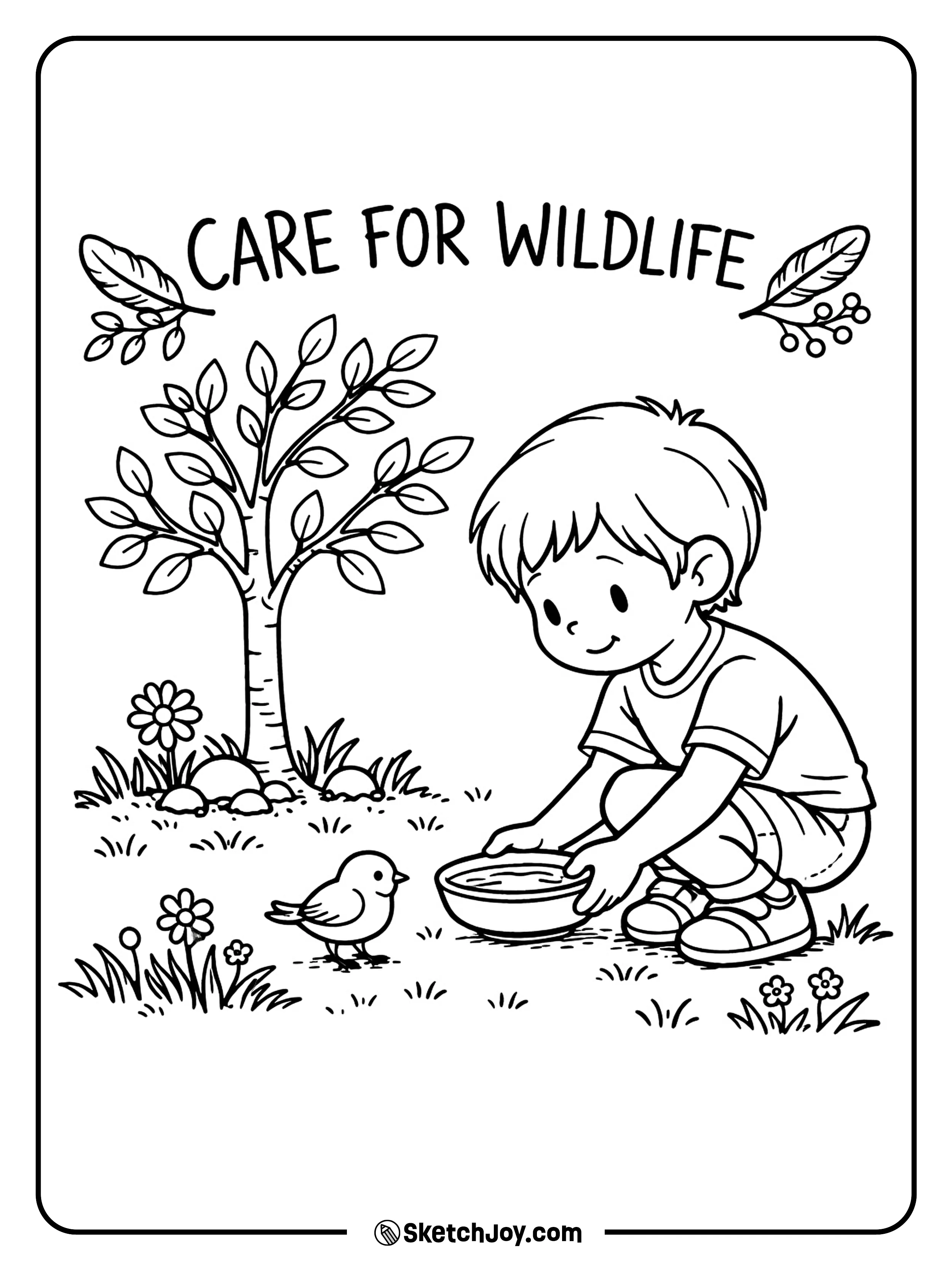 A child gives water to a small bird near a tree.