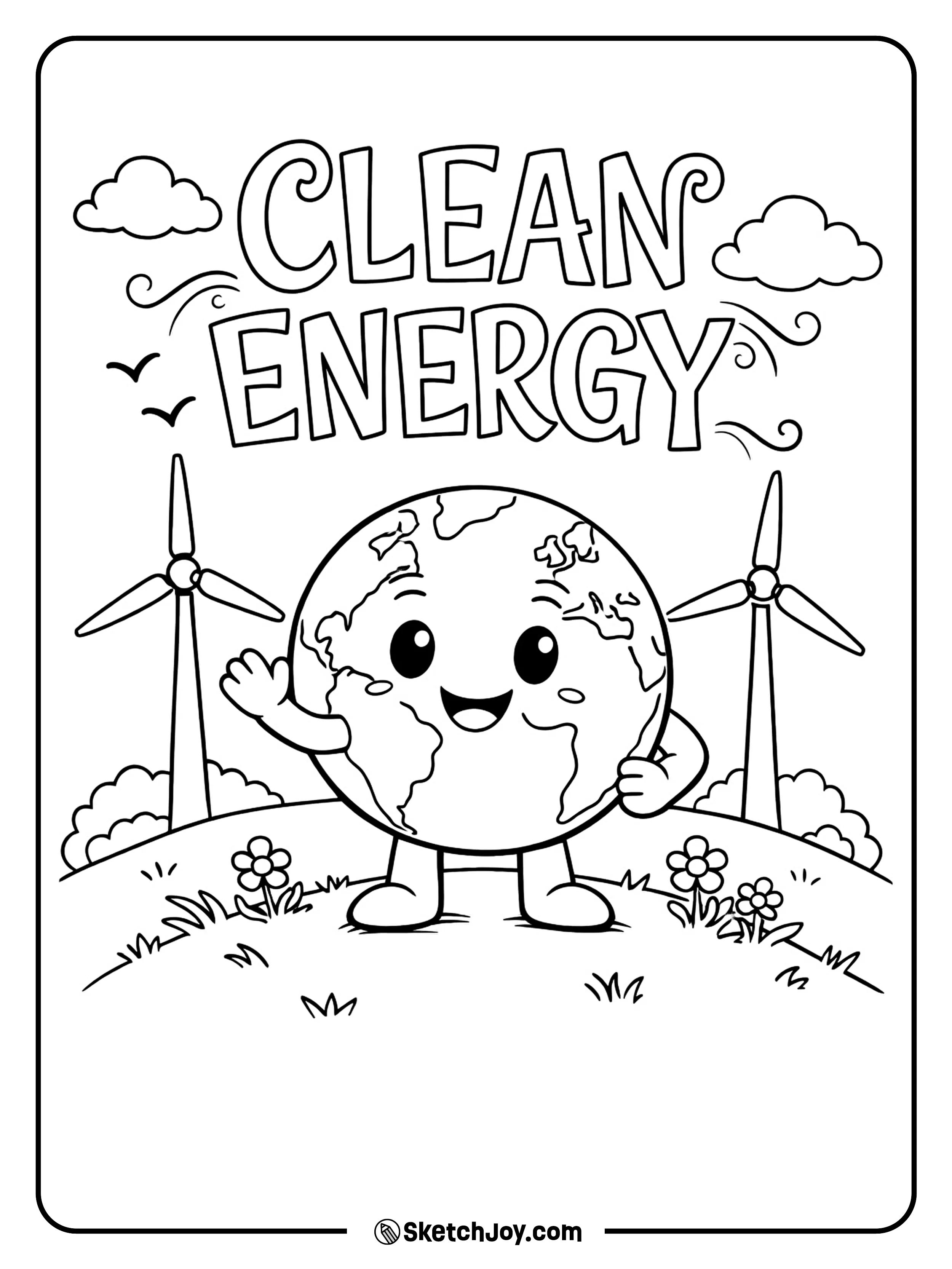 Windmills spin above a calm hill with a happy Earth in front.