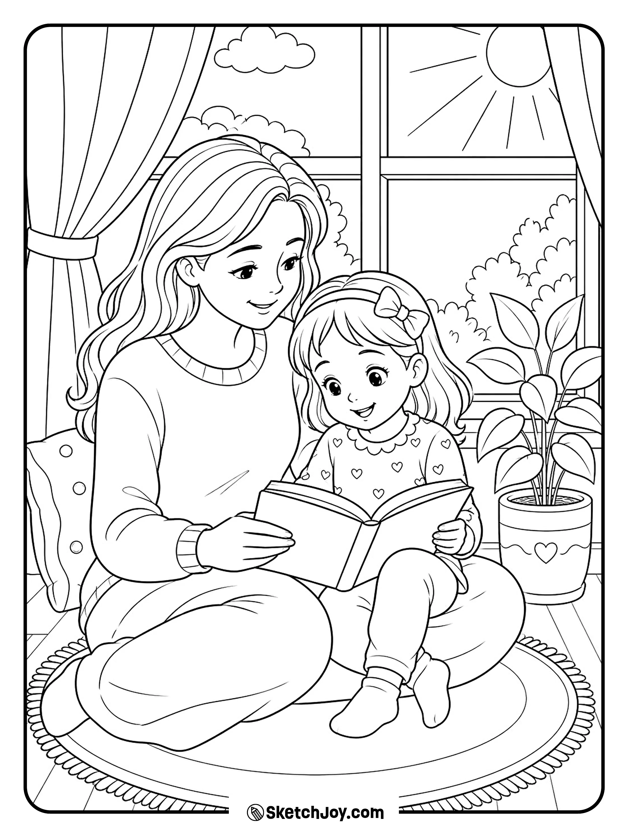 Mom and child sit near a bright window in a peaceful room.