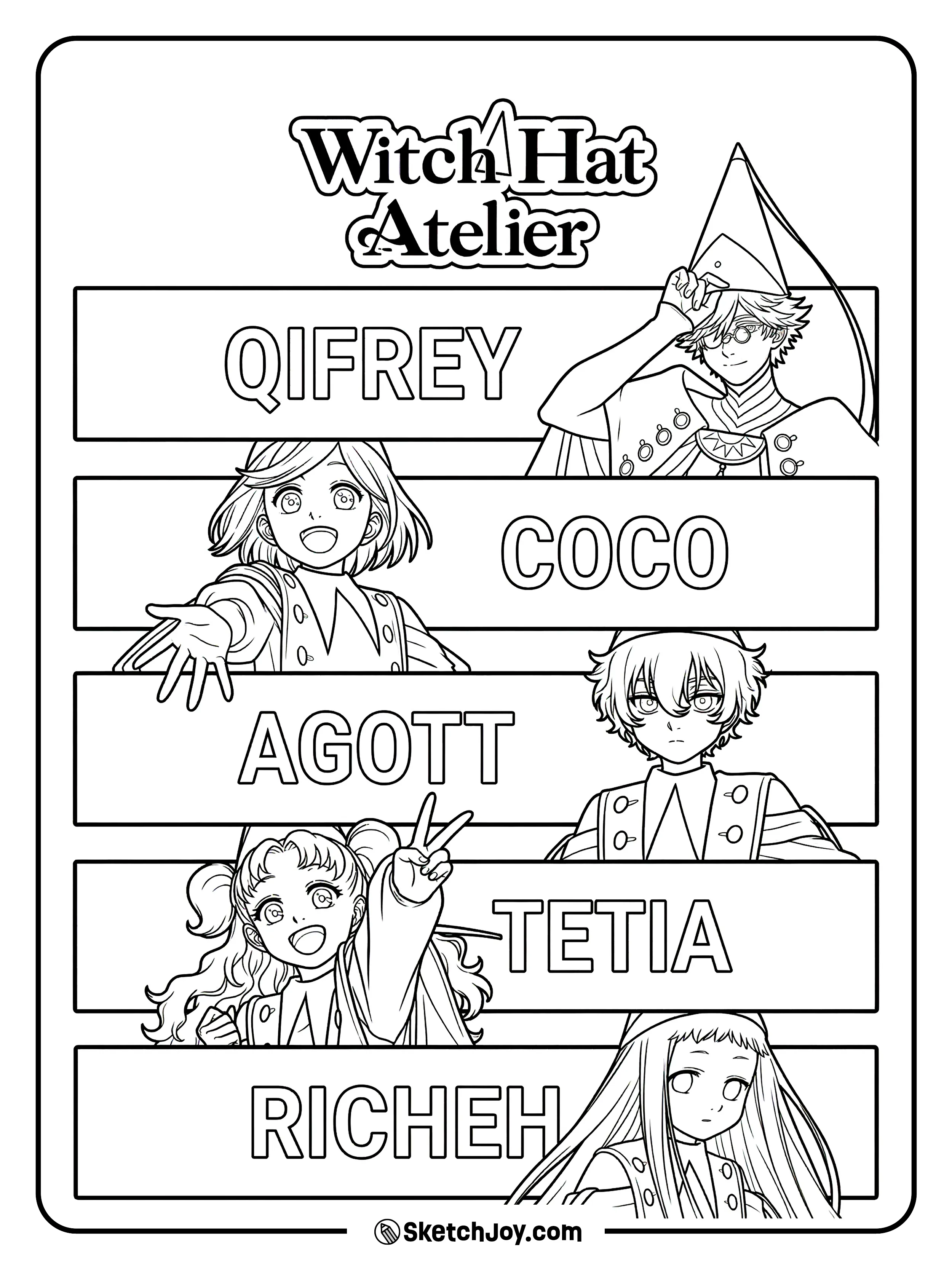 This page shows Coco, Qifrey, Agott, Tetia, and Richeh with their names in a fun poster layout.