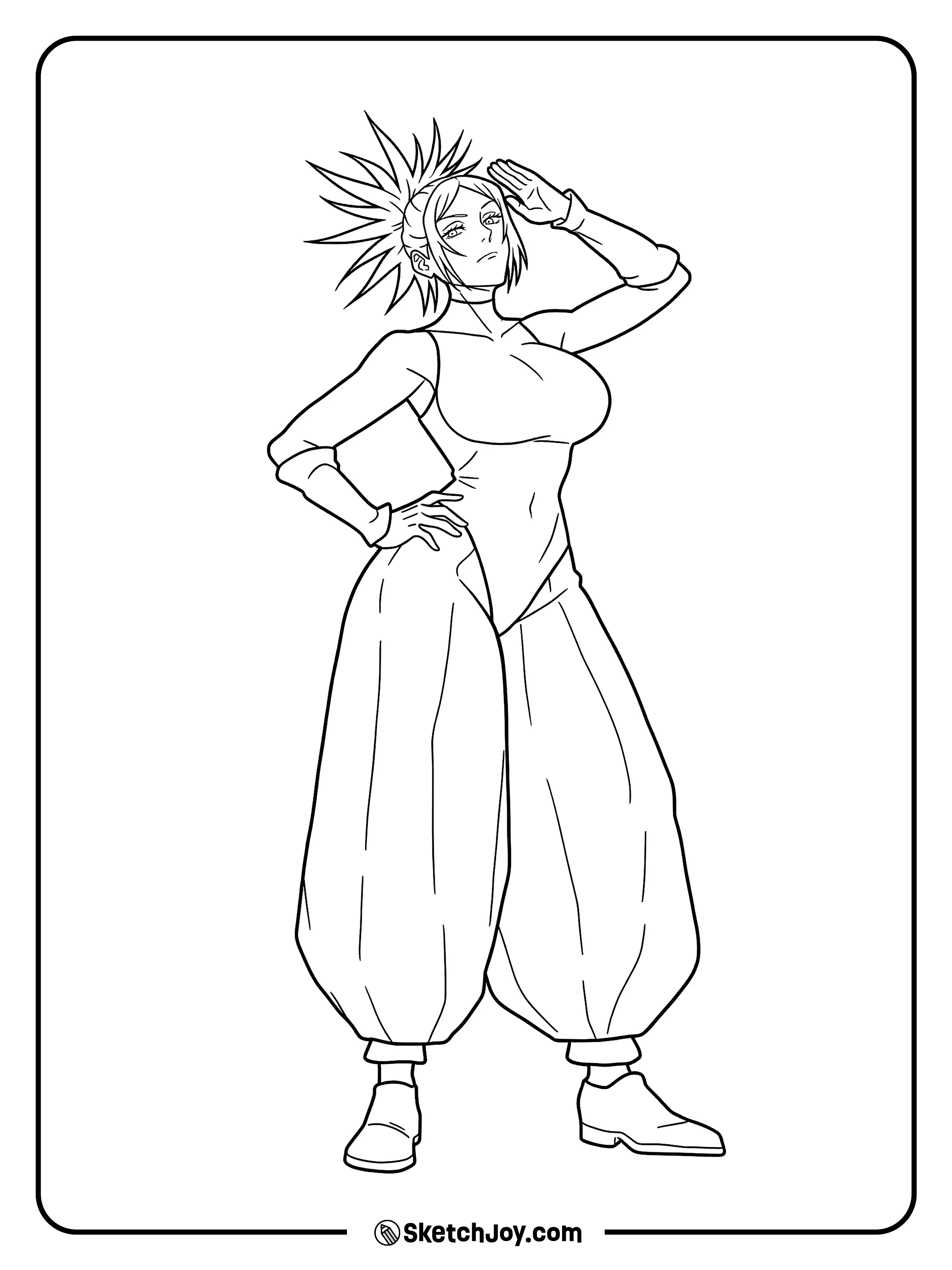 Yorozu stands tall with one hand raised and a proud, confident look.