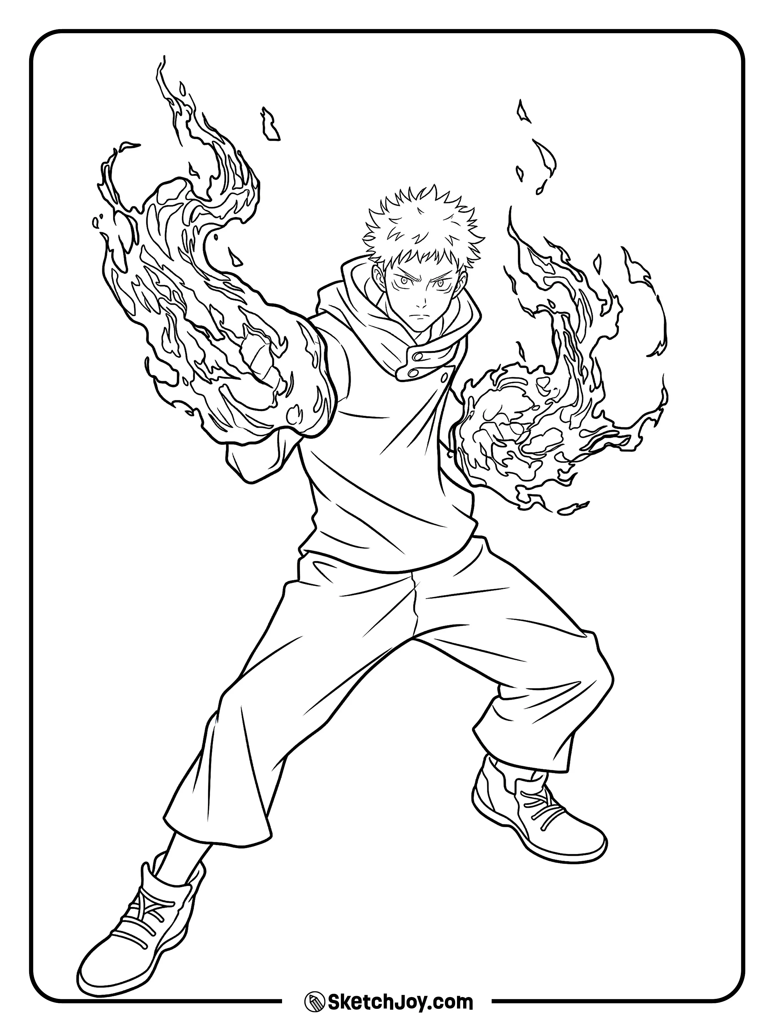 Yuji faces forward as fiery power swirls around both hands.