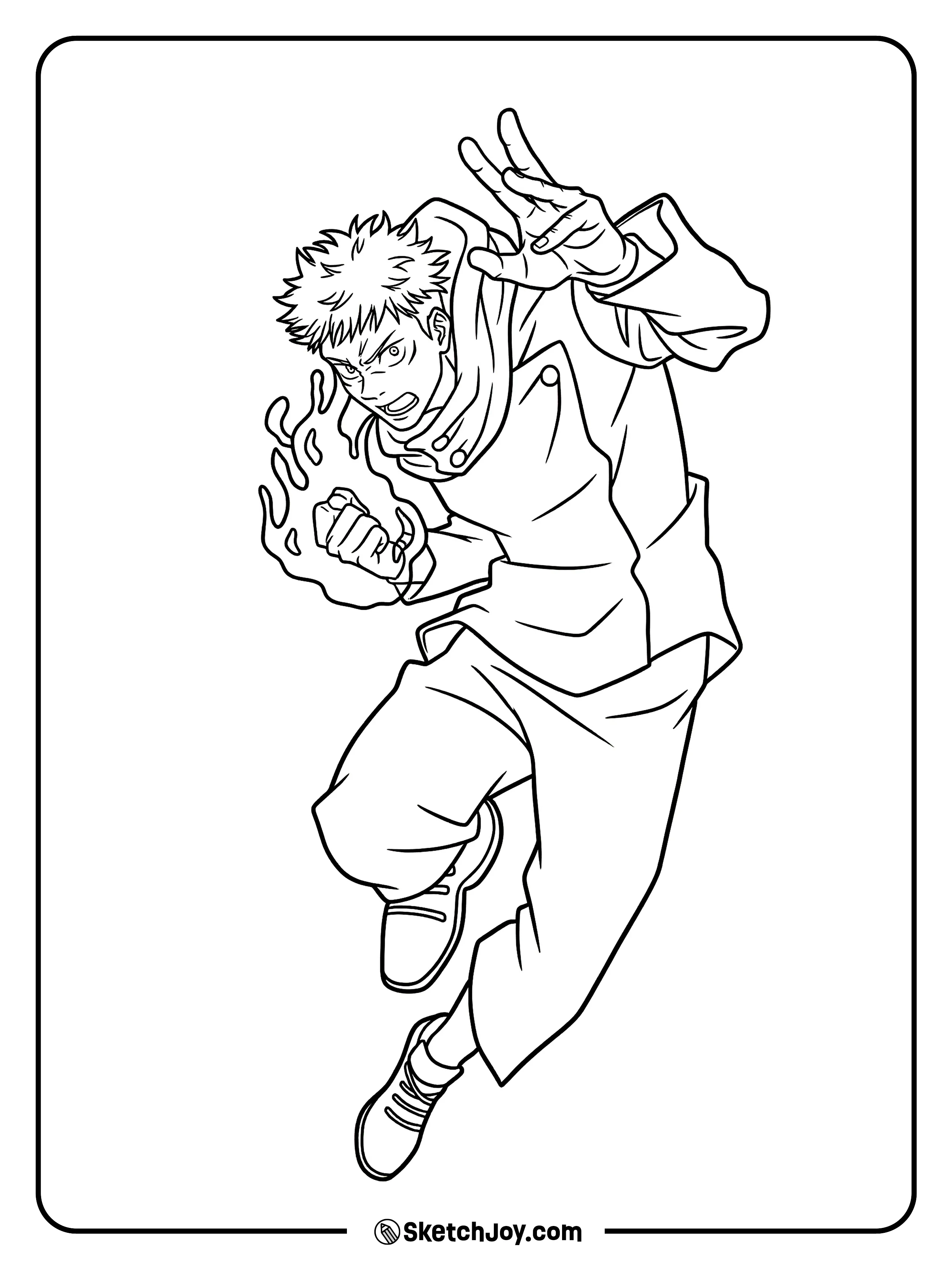 Yuji leaps forward with fierce energy and a strong fighting pose.