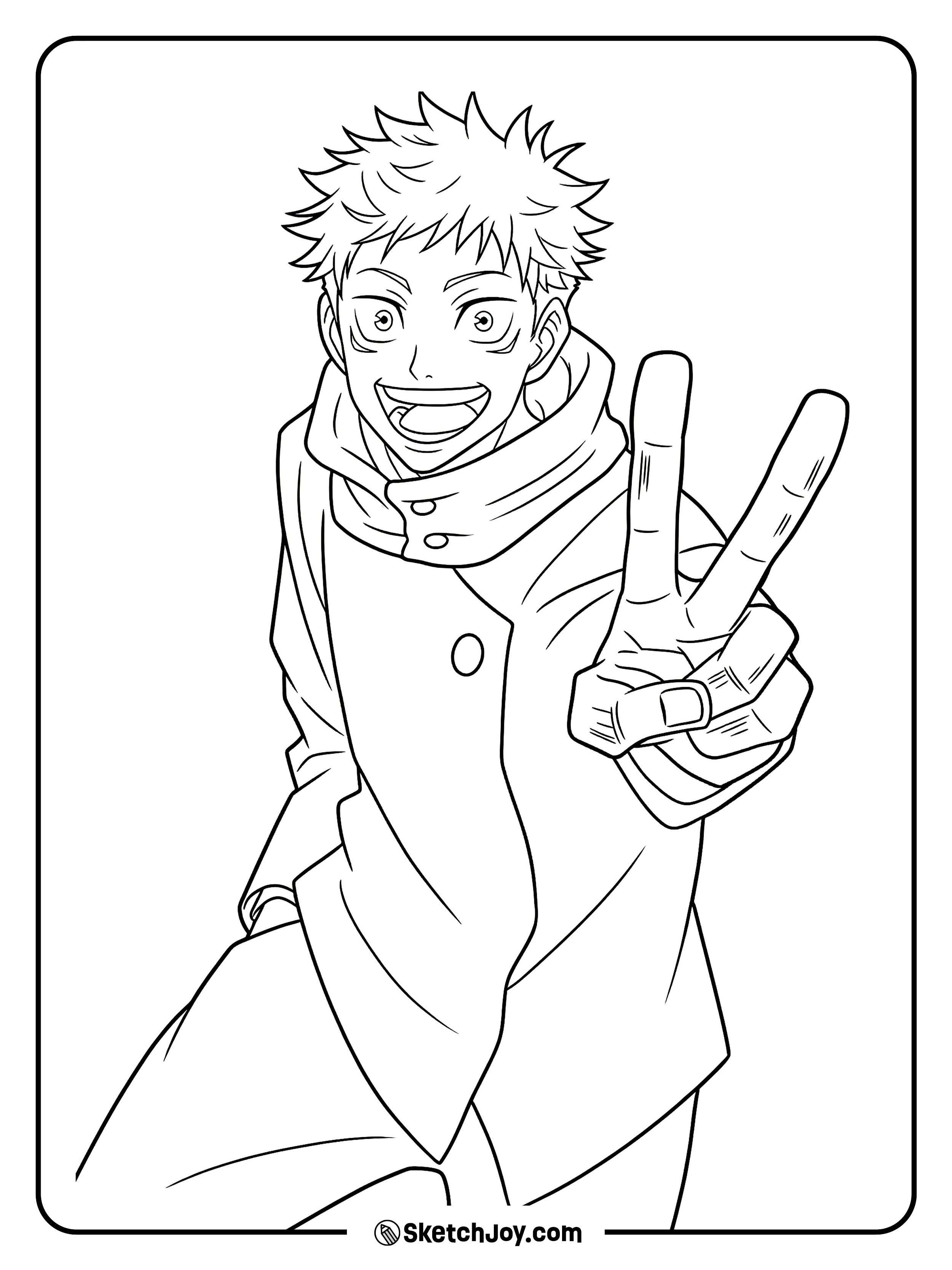 Yuji smiles wide and flashes a fun peace sign at the viewer.