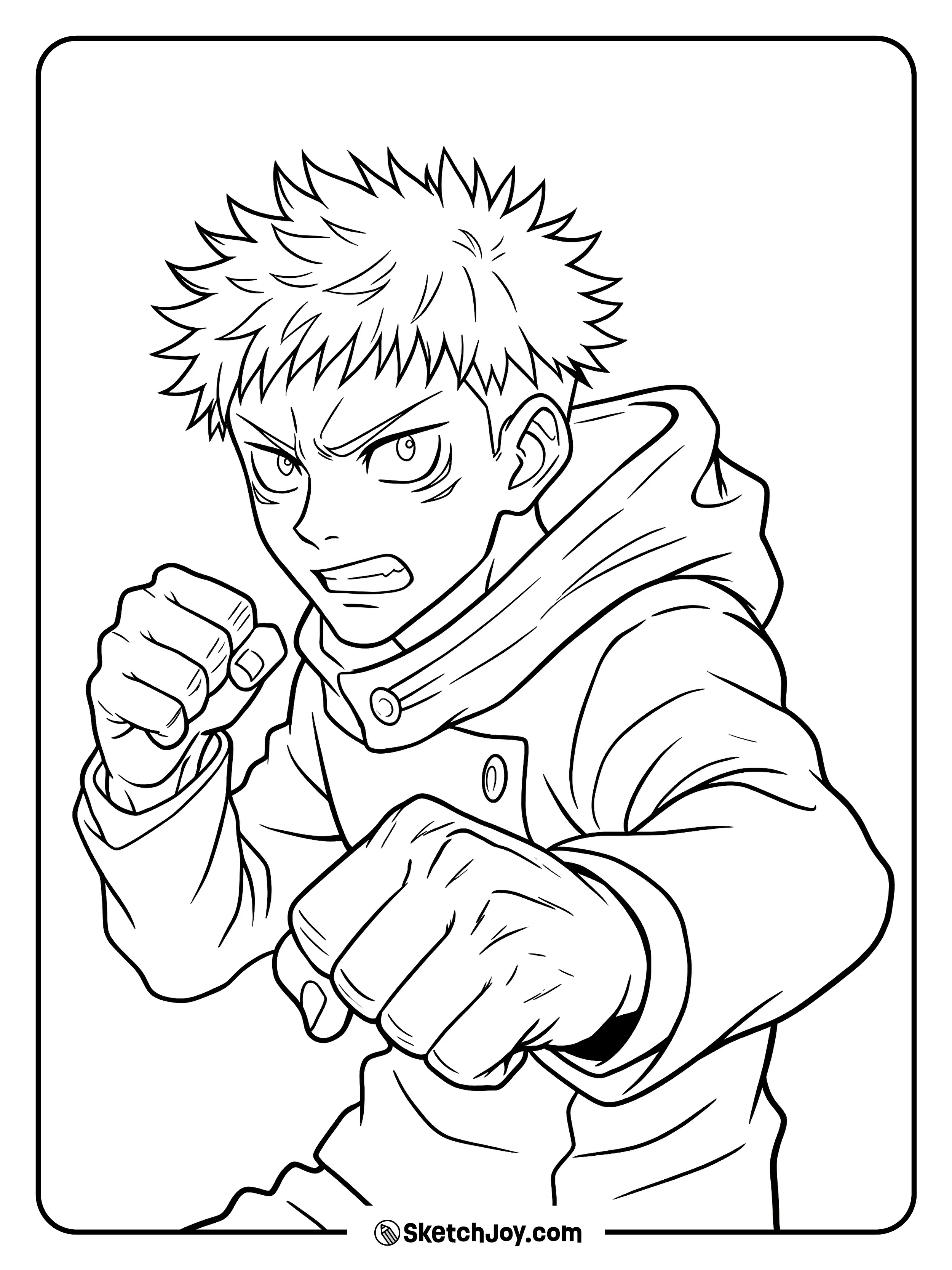 Yuji throws a strong punch with a bold and focused look.