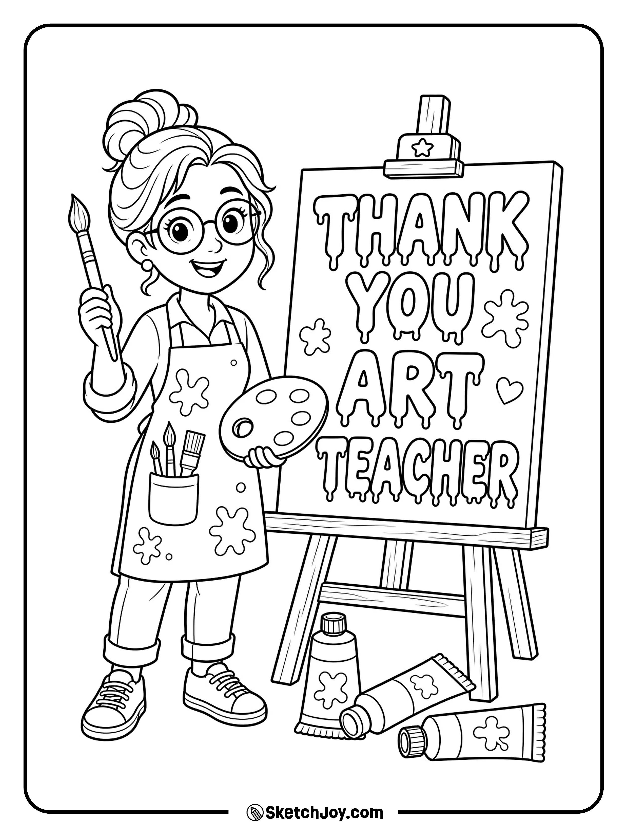 An art teacher holds brushes near a happy thank-you sign.