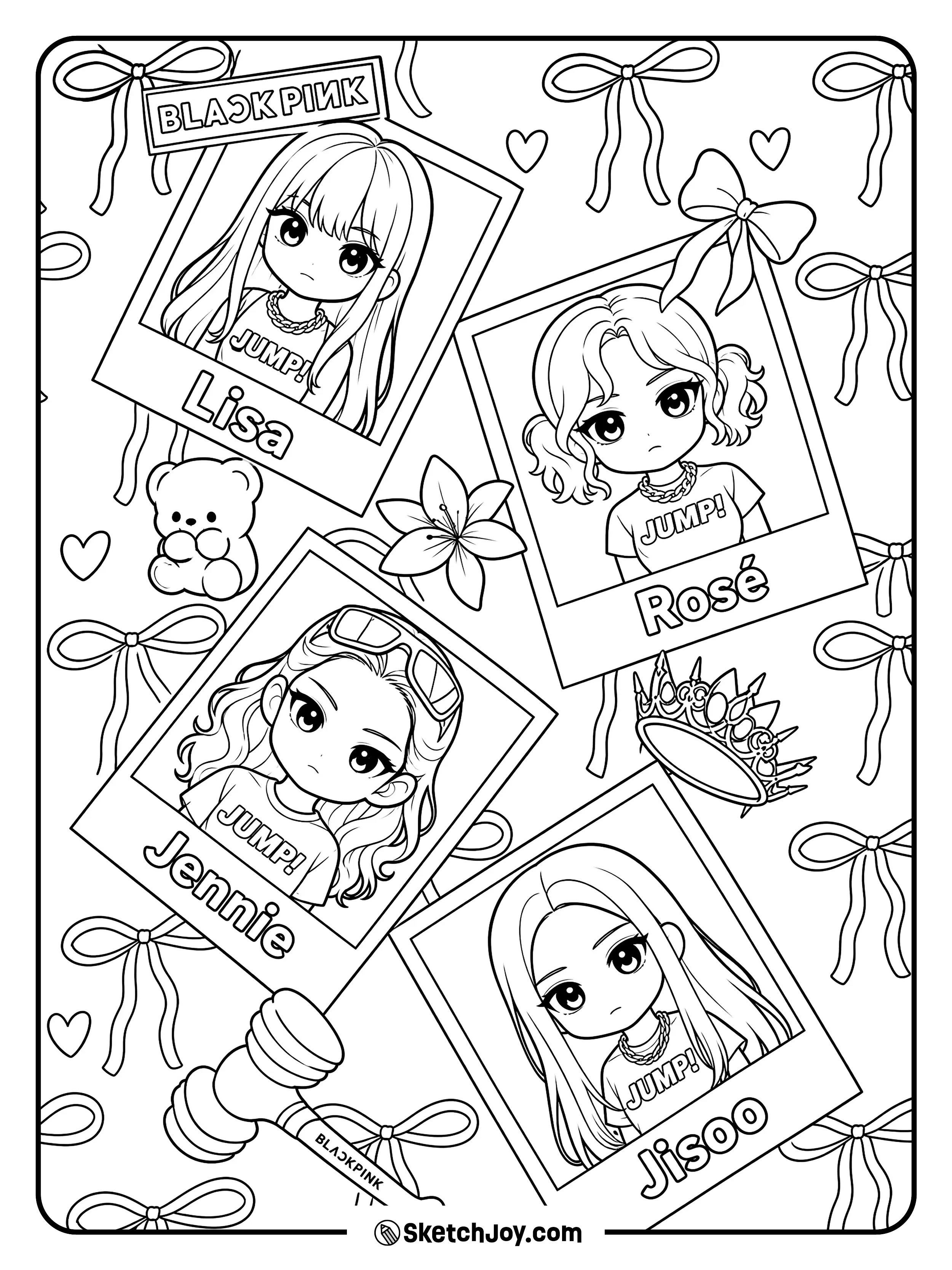Lisa, Rosé, Jennie, and Jisoo appear as sweet chibi-style photo cards.