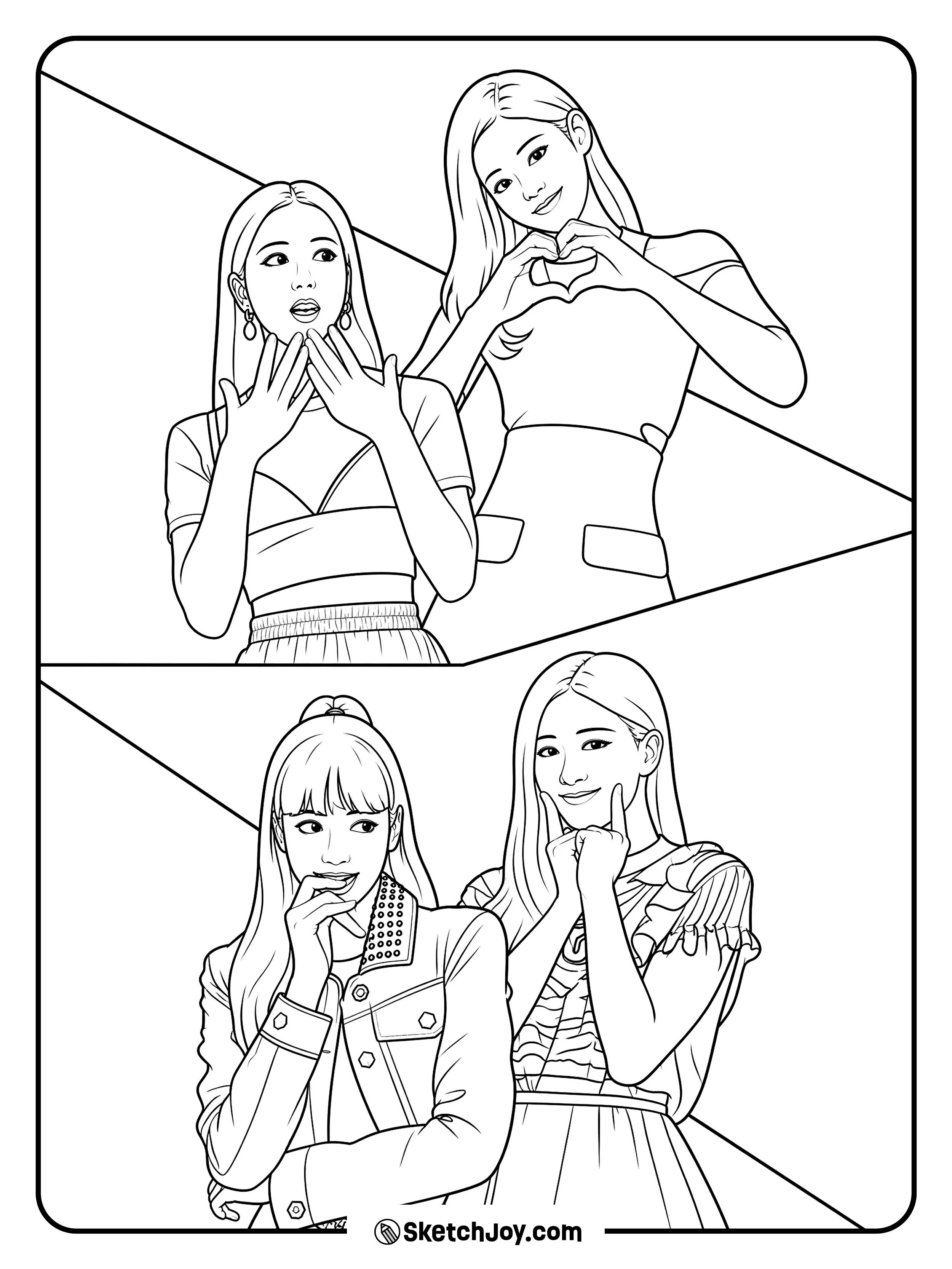 The four BLACKPINK members show sweet hand poses in a fun split-page design.