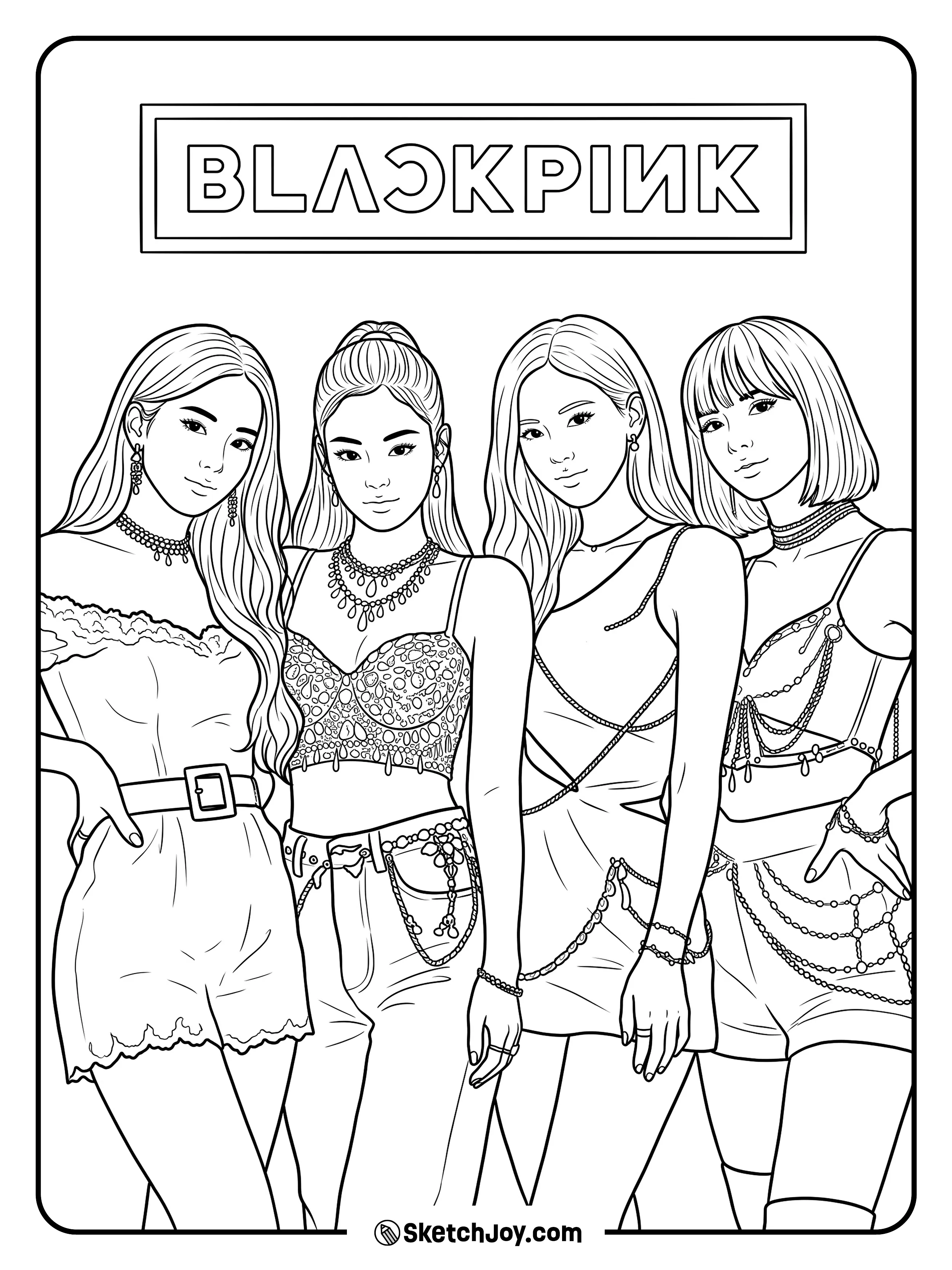 The four BLACKPINK members pose together in stylish stage outfits.