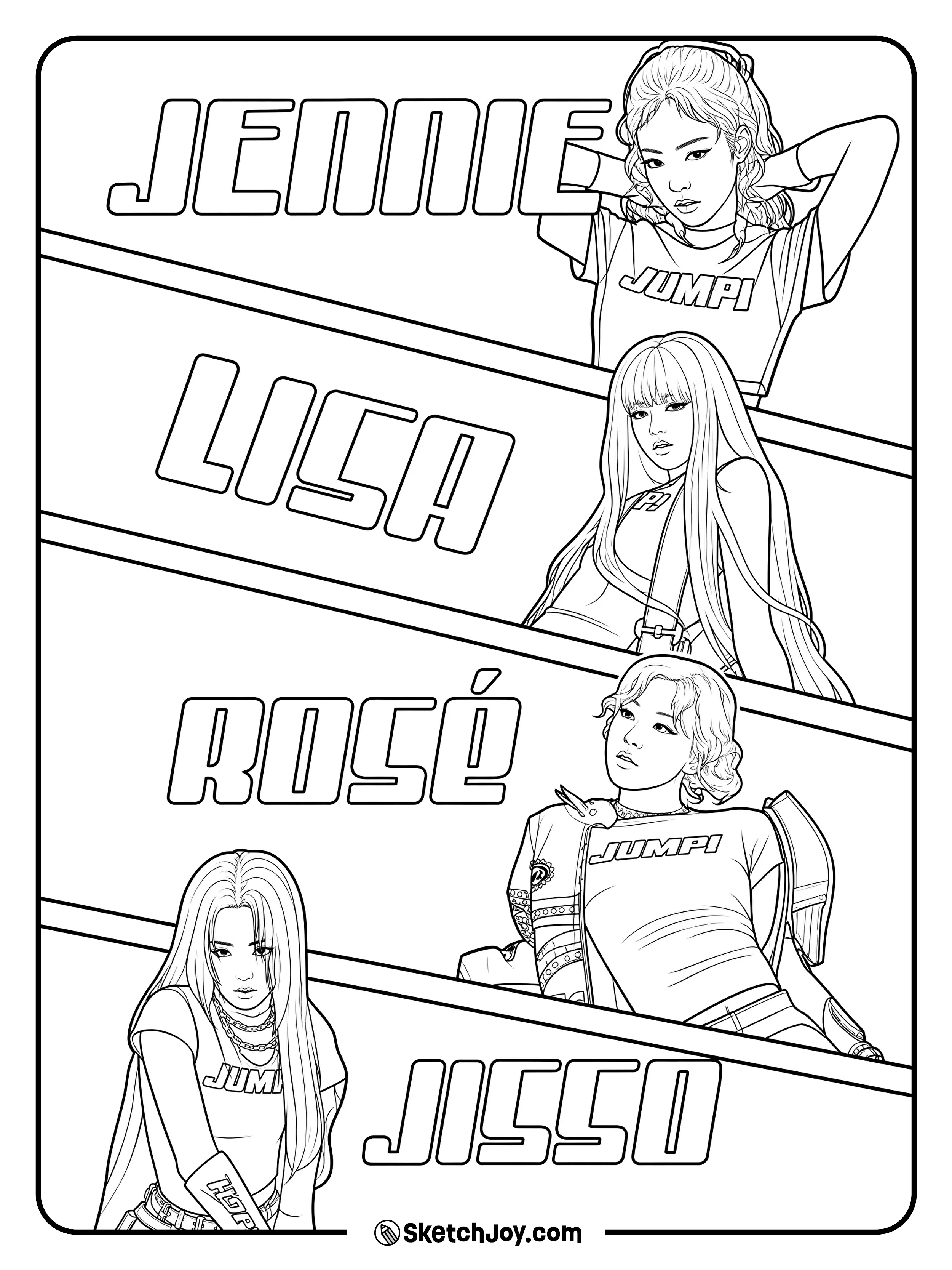 The BLACKPINK members pose in bold comic-style sections with their names beside them.
