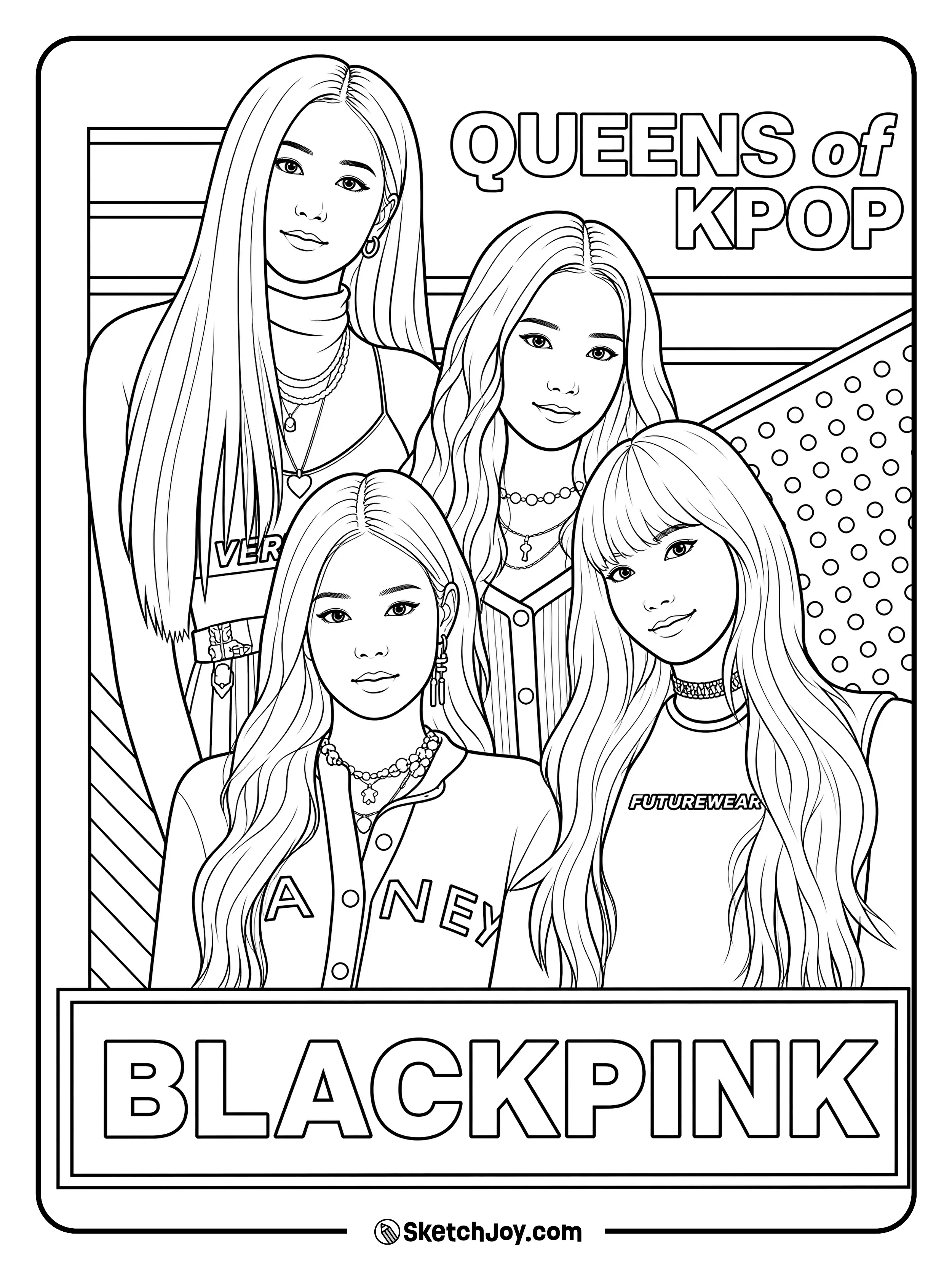The BLACKPINK members pose together in a bold fan poster style.