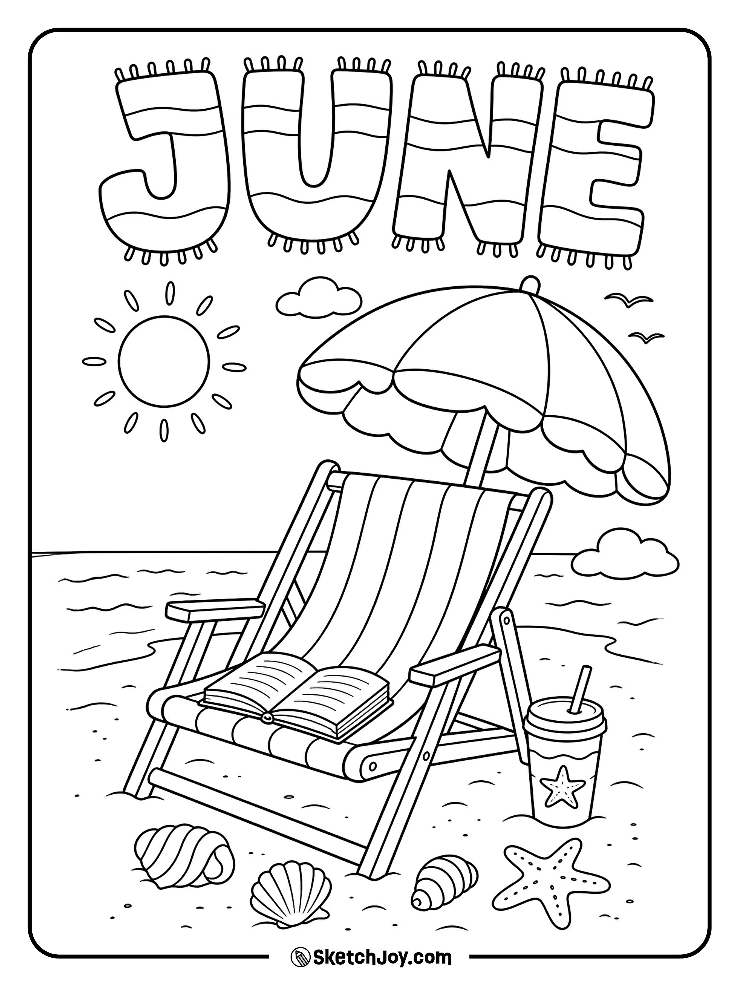 A beach chair waits beside a book and drink.