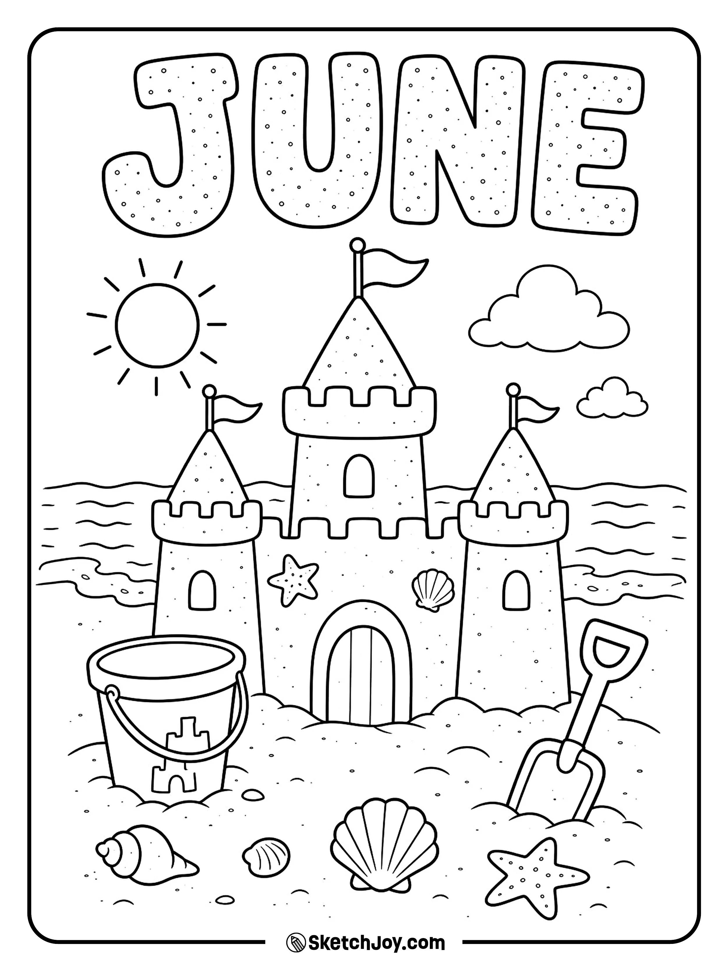 A sandcastle stands near sunny beach letters.