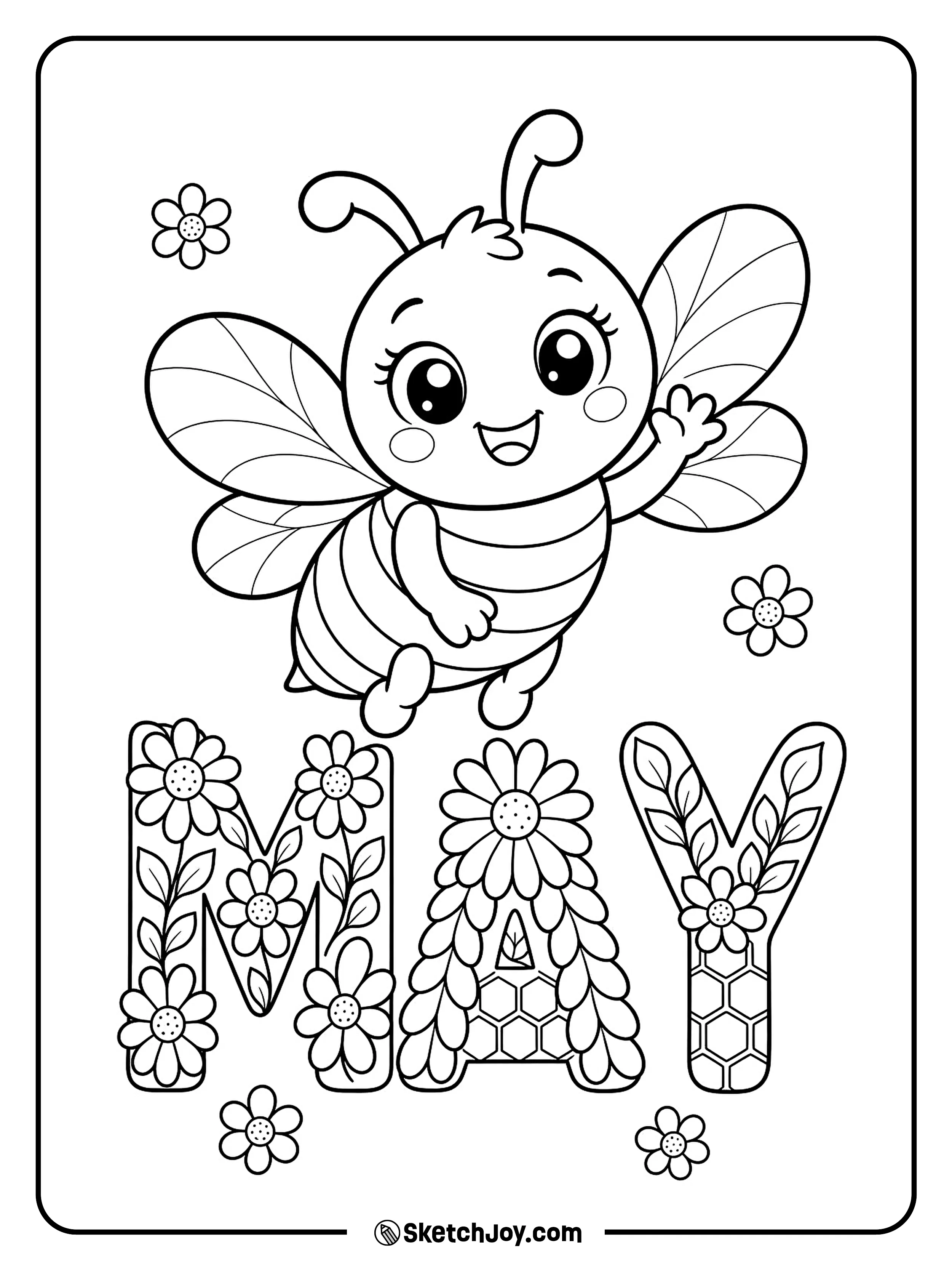 A happy bee flies near bold MAY letters made from flowers.