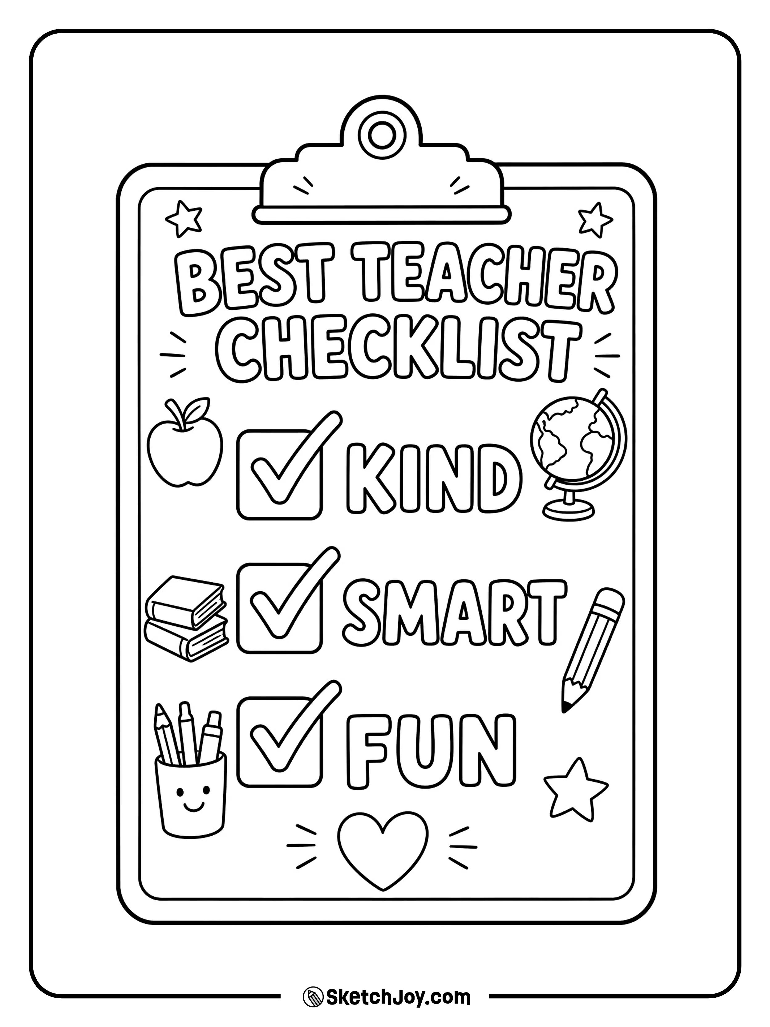 A clipboard holds a happy teacher checklist.