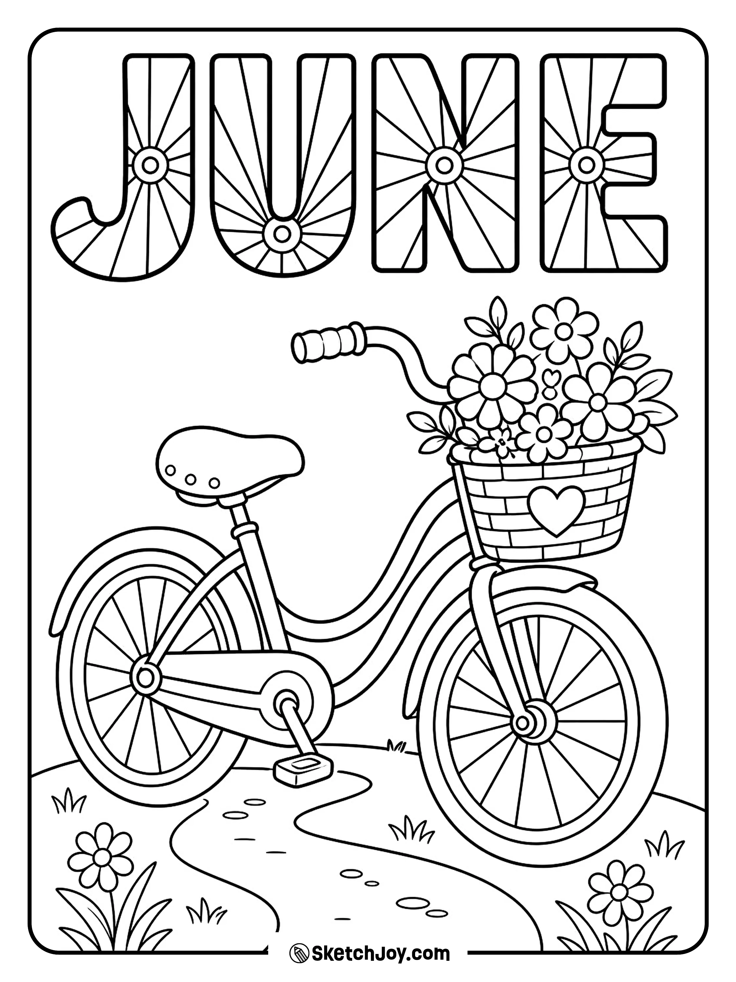 A bike rolls past flowers on a sunny path.