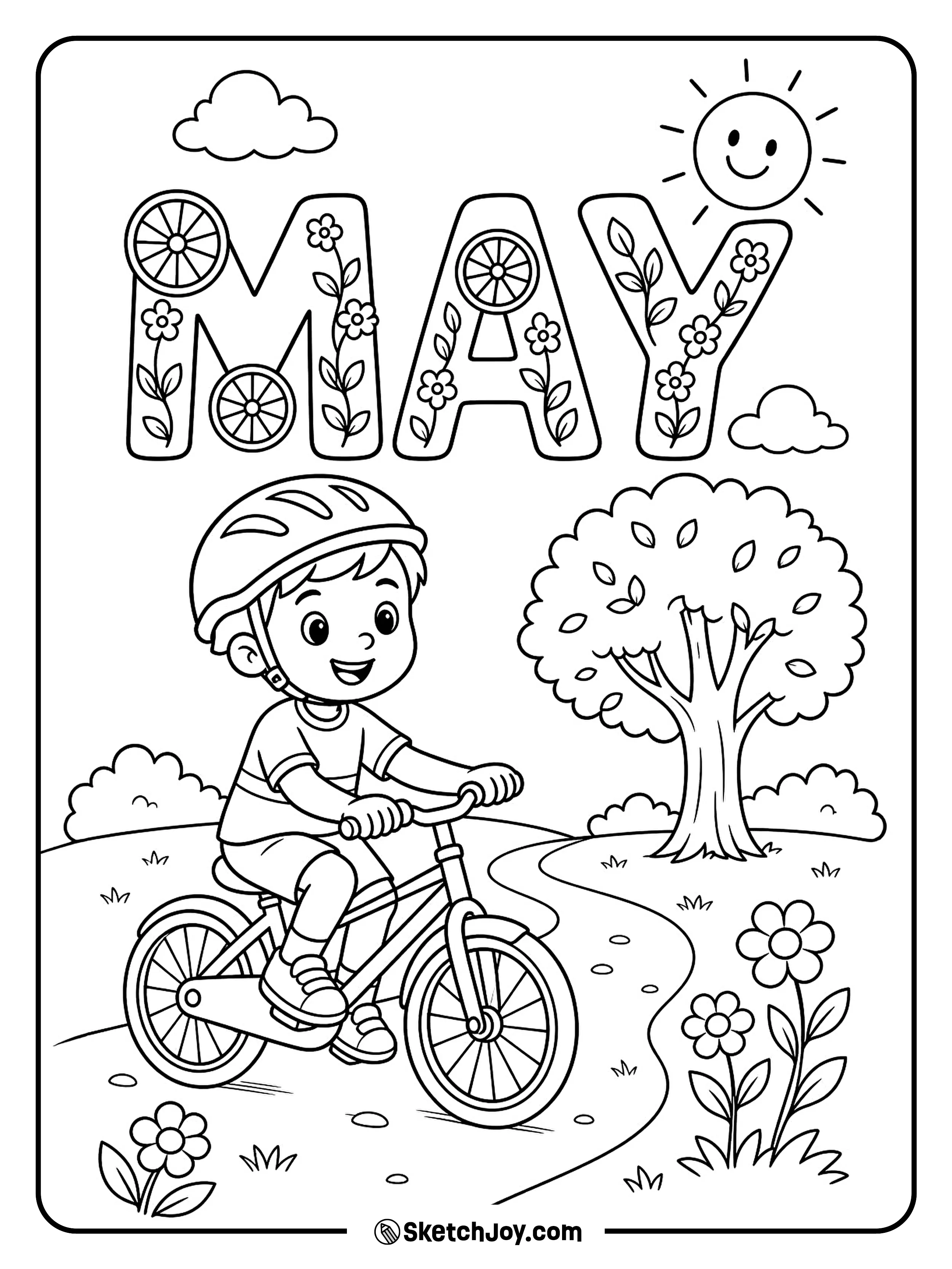 A child rides a bike through spring with MAY in the sky.