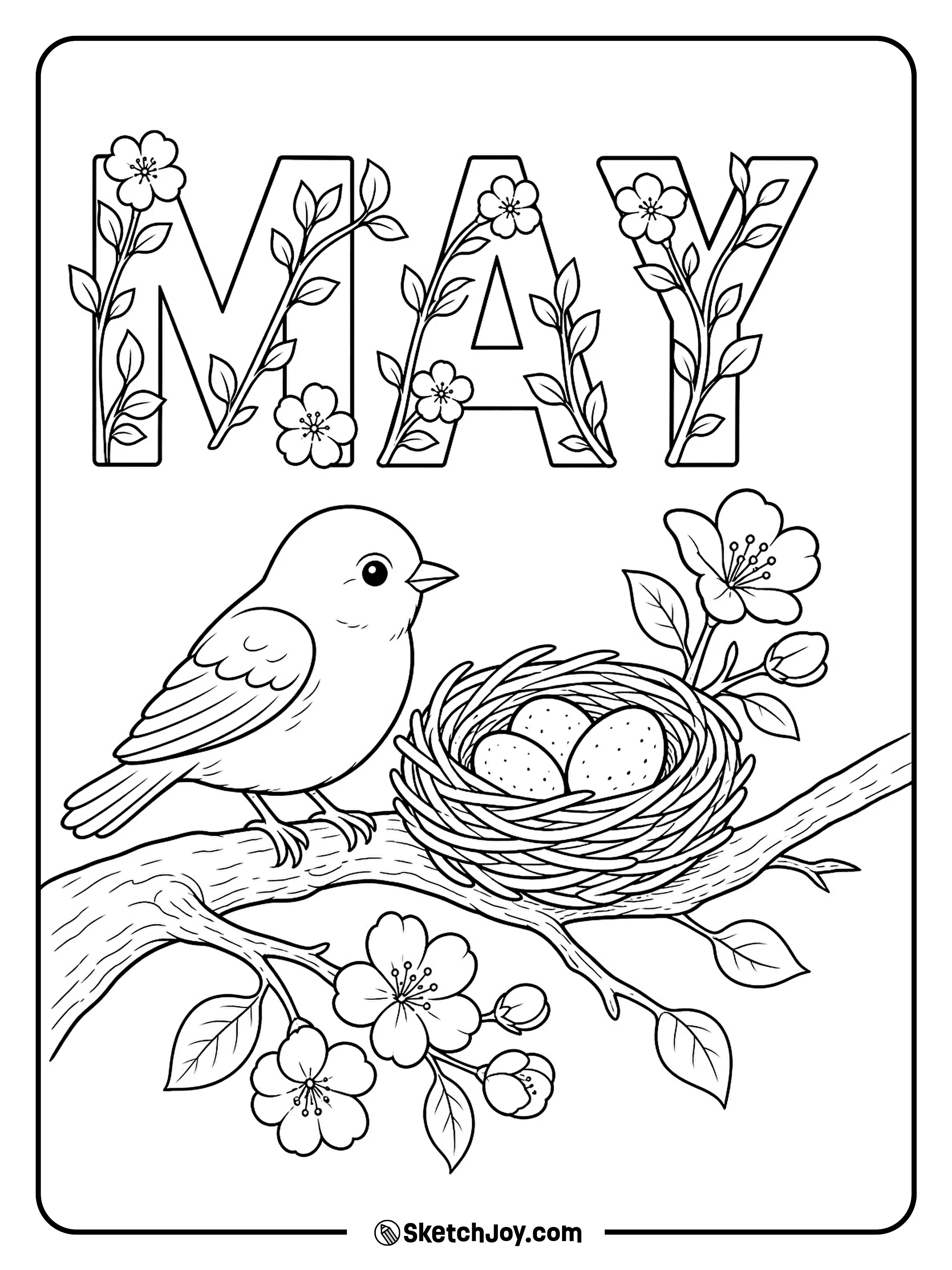 A little bird stands by its nest under blooming MAY letters.