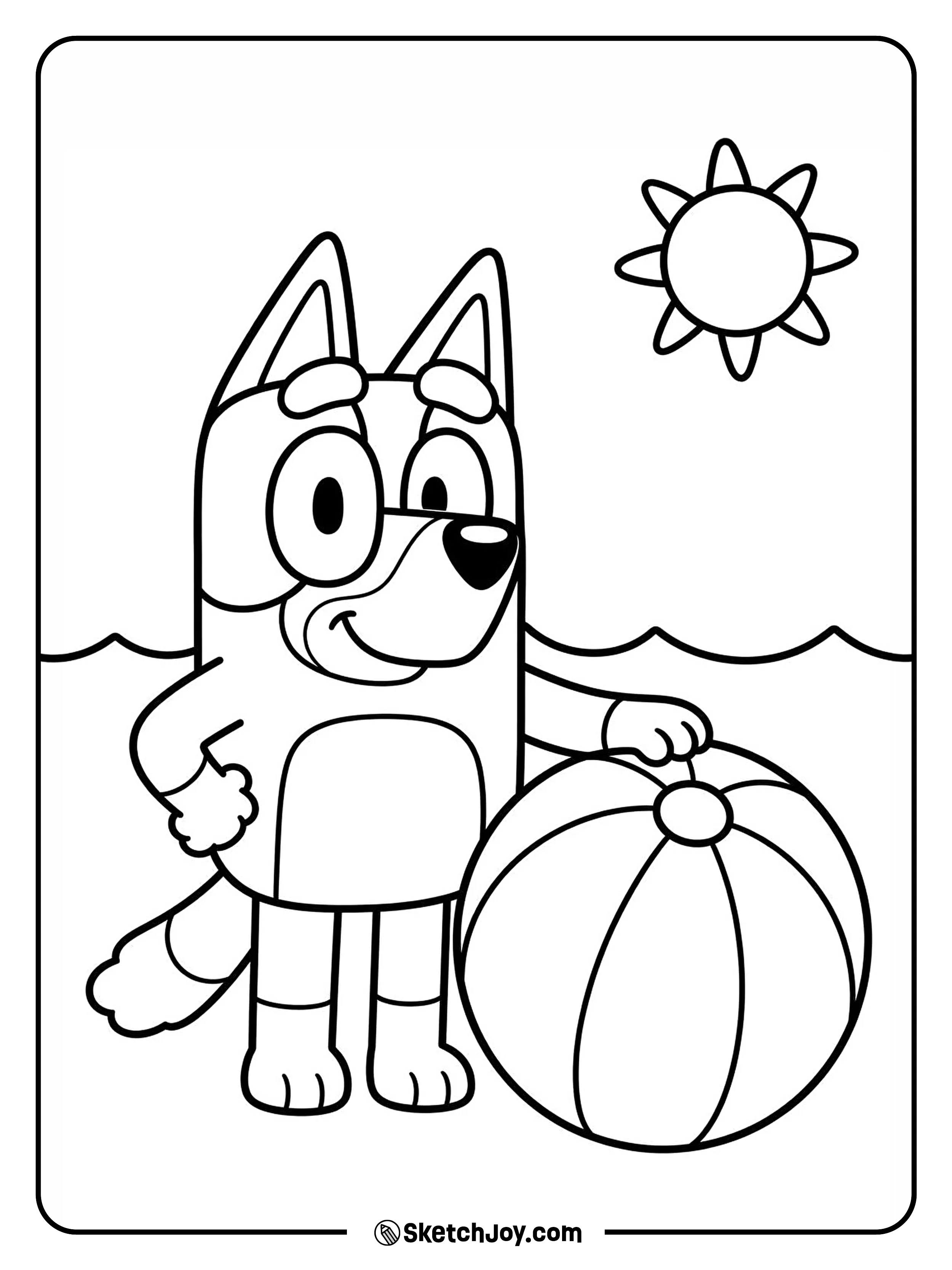 Bluey stands beside a big beach ball with a happy grin.