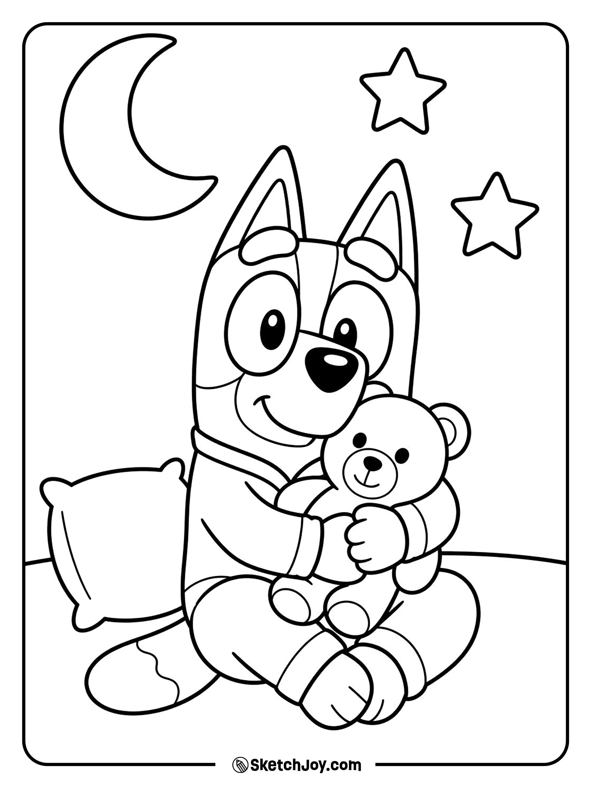 Bluey hugs a teddy bear under a sleepy moon.