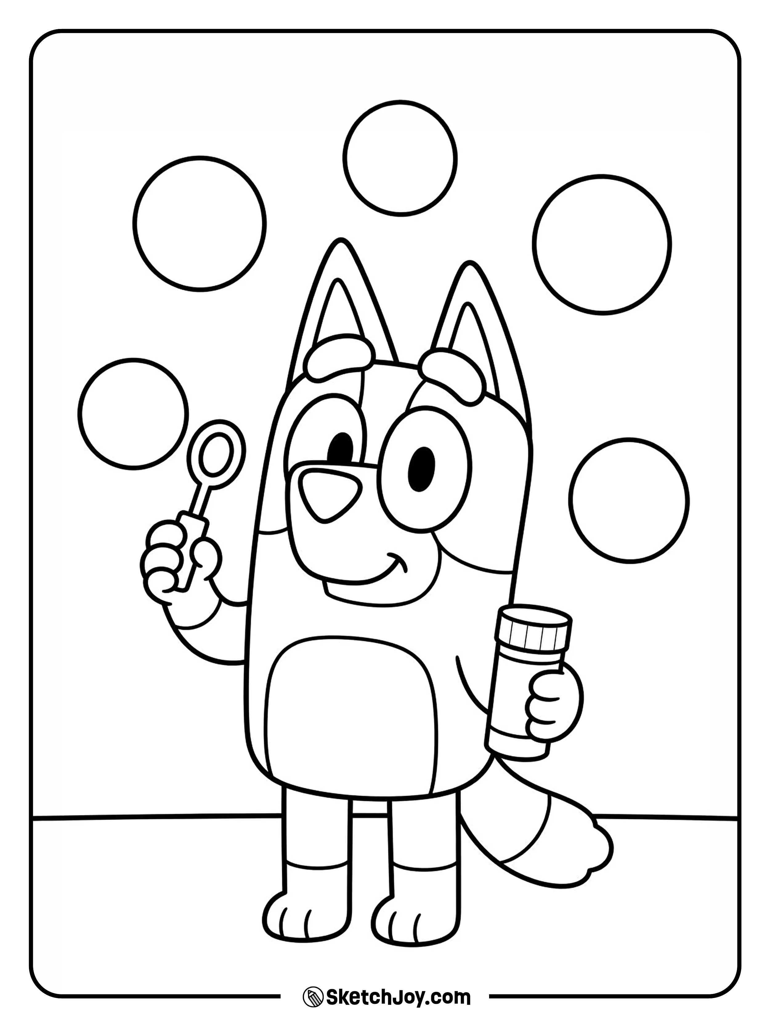 Bluey blows large bubbles with a happy face.