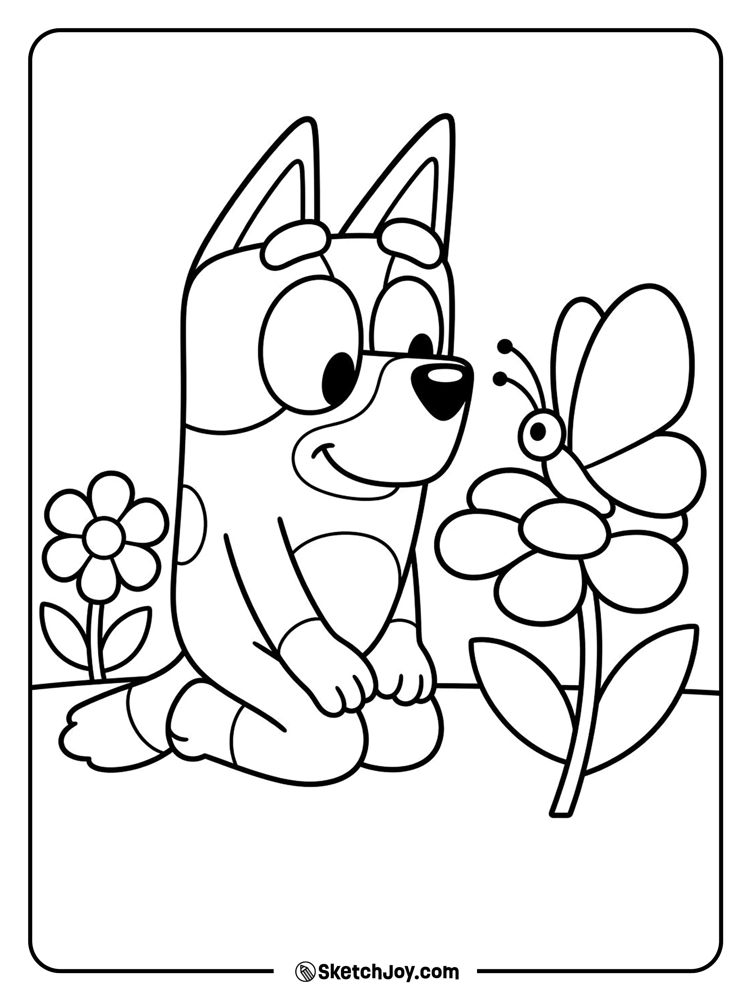 Bluey gently looks at a big butterfly.