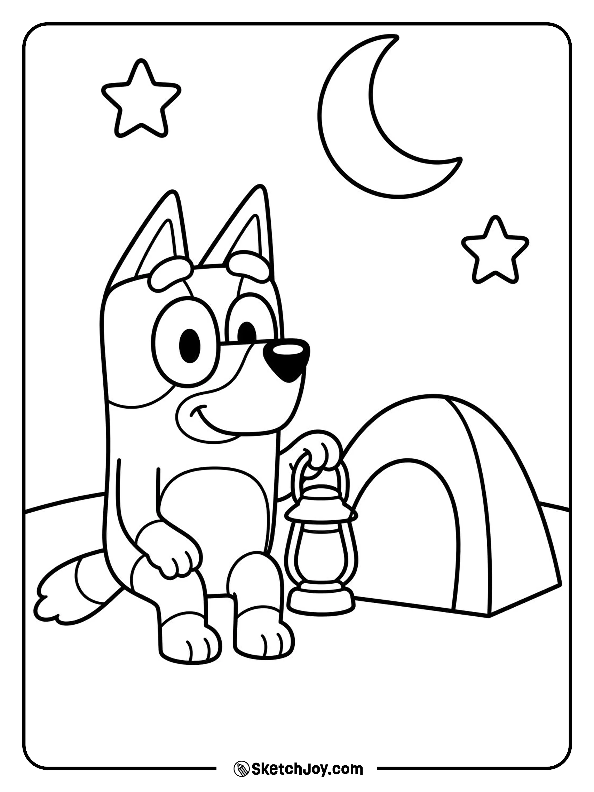Bluey sits by a simple tent with a lantern.