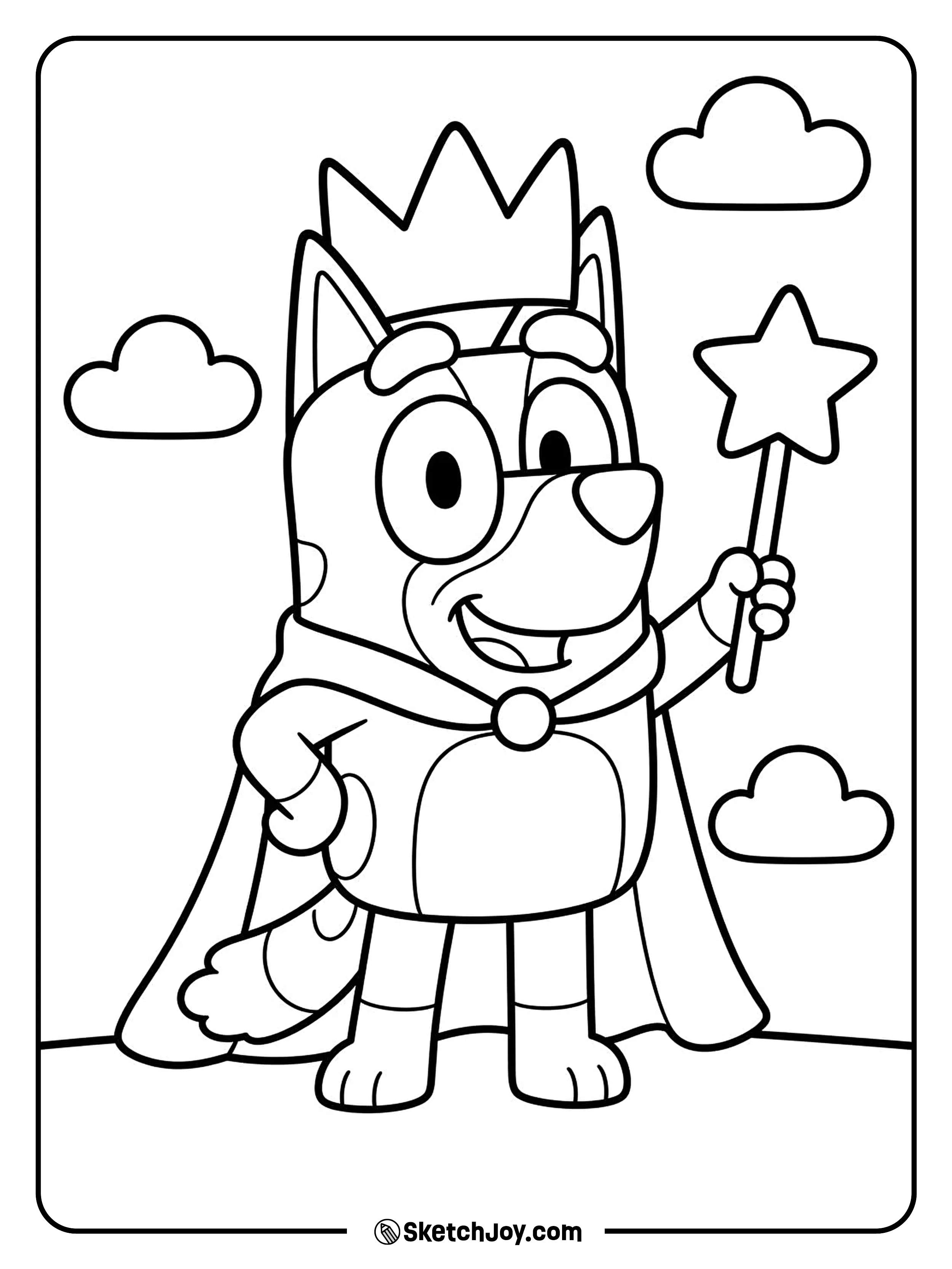Bluey wears a crown and holds a star wand.