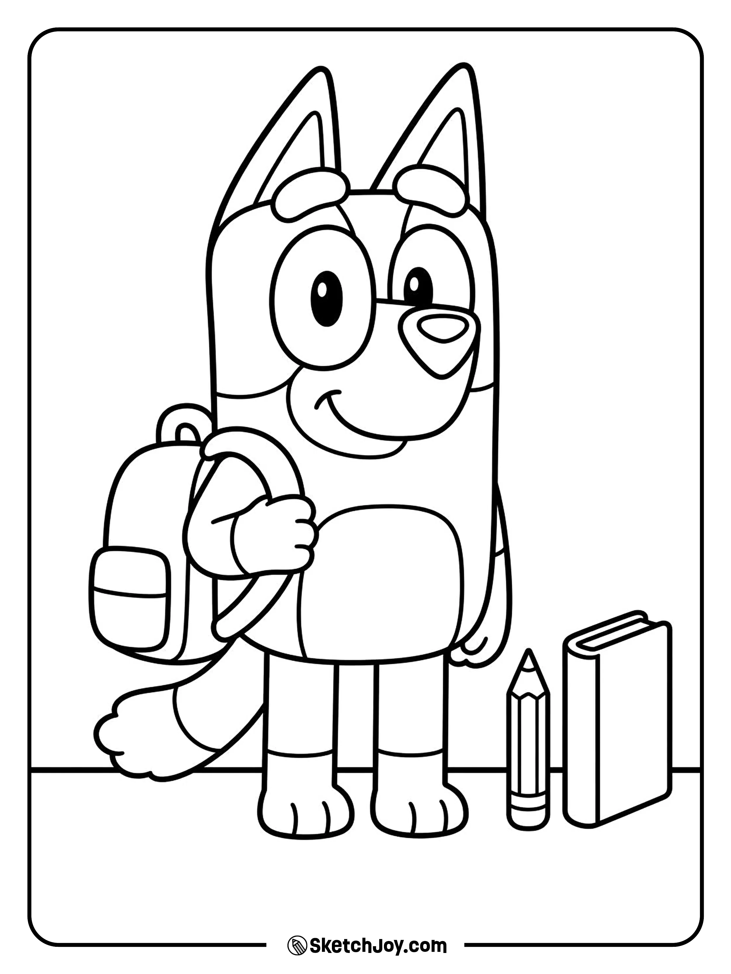 Bluey holds a school bag with a bright smile.