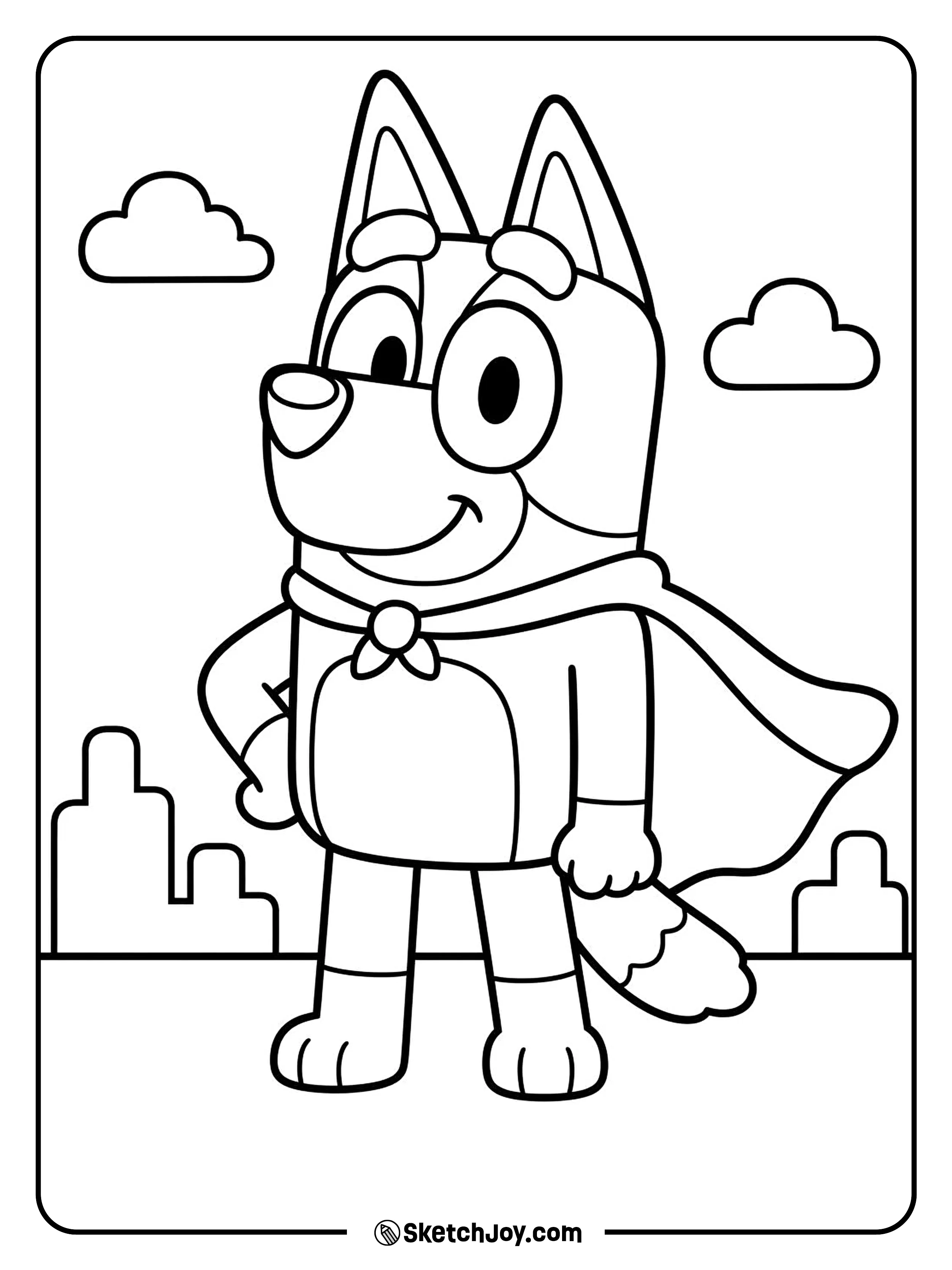 Bluey poses like a small hero in a cape.
