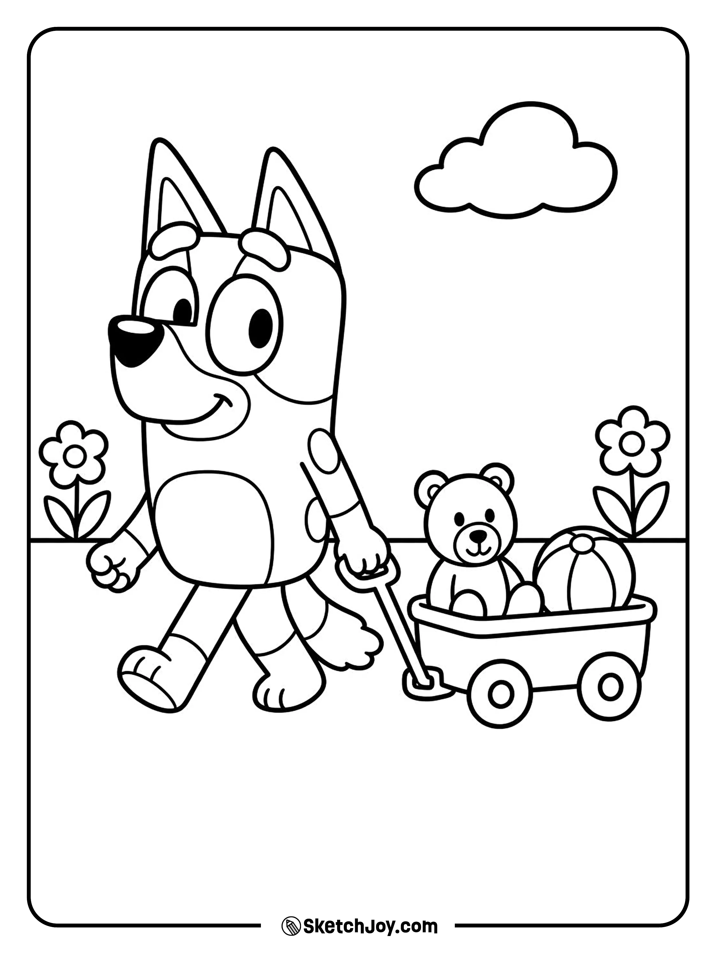 Bluey pulls a little wagon with simple toys.