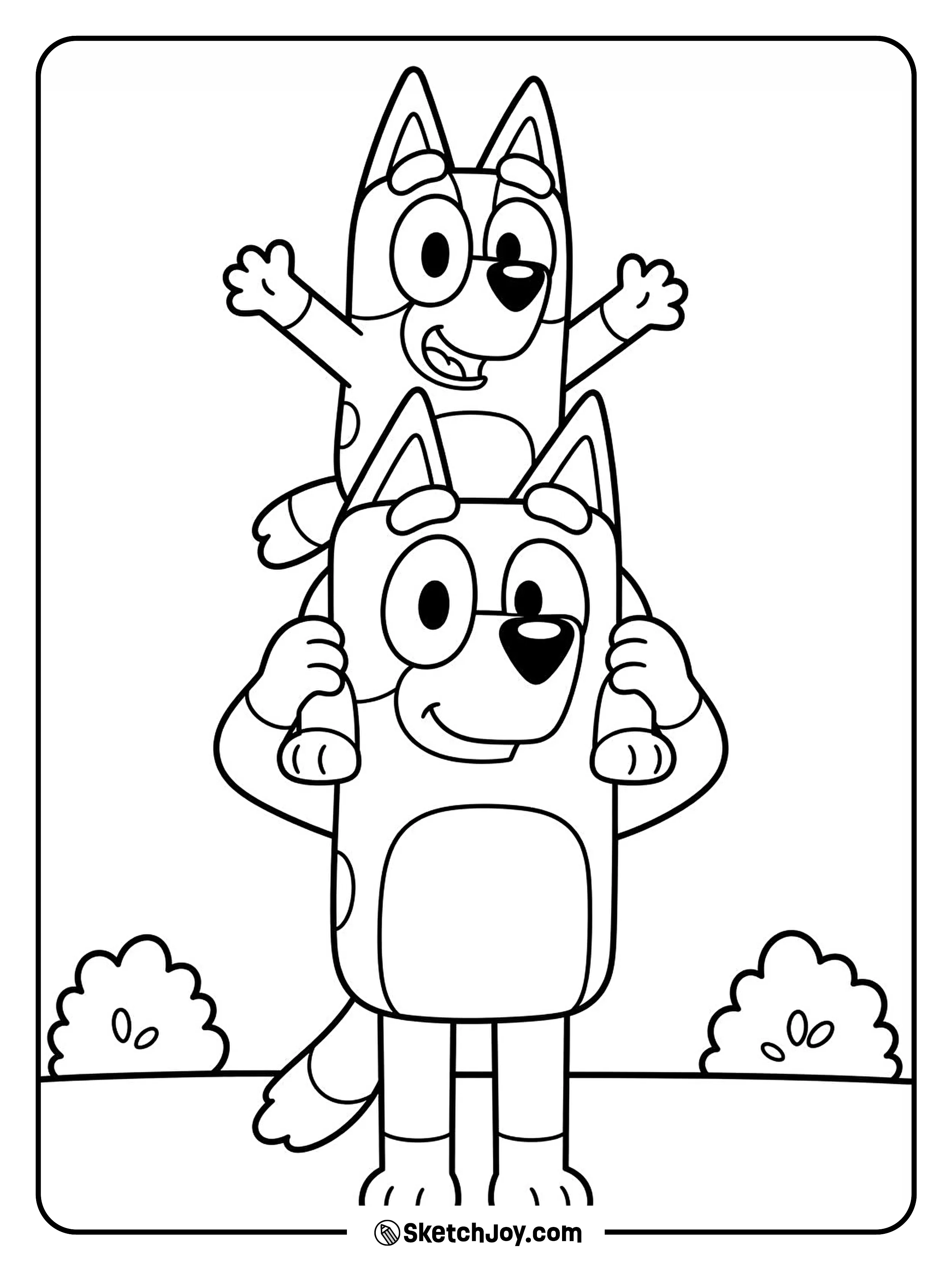Bluey rides on Dad's shoulders with a happy face.