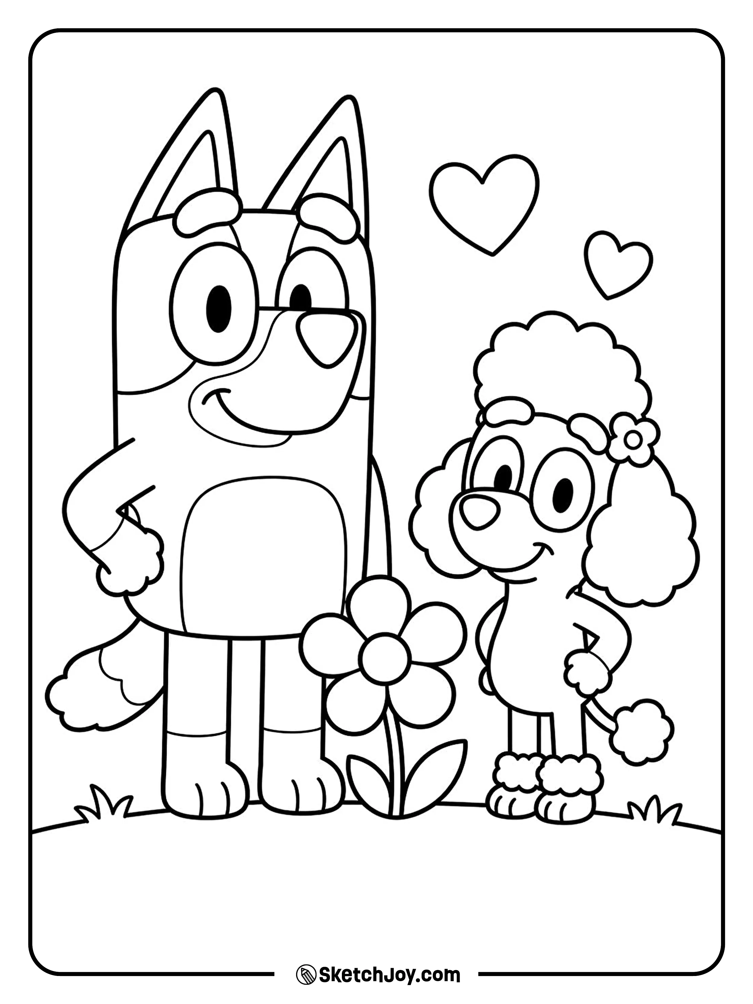 Bluey and Coco stand together with a flower prop.