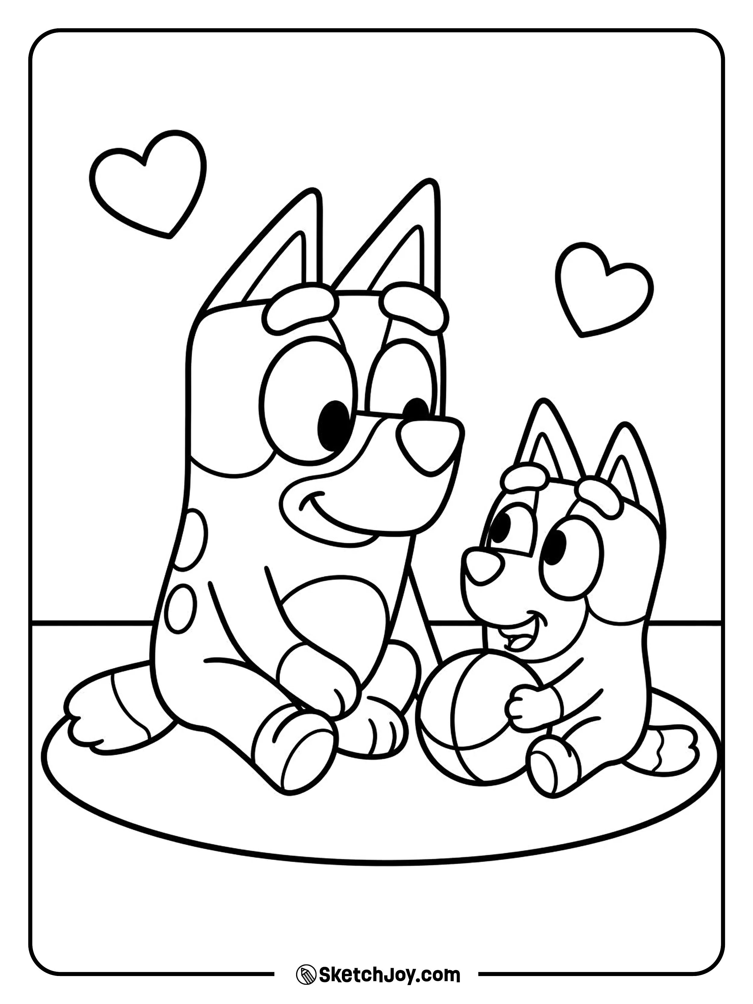 Bluey smiles while Socks plays beside her.