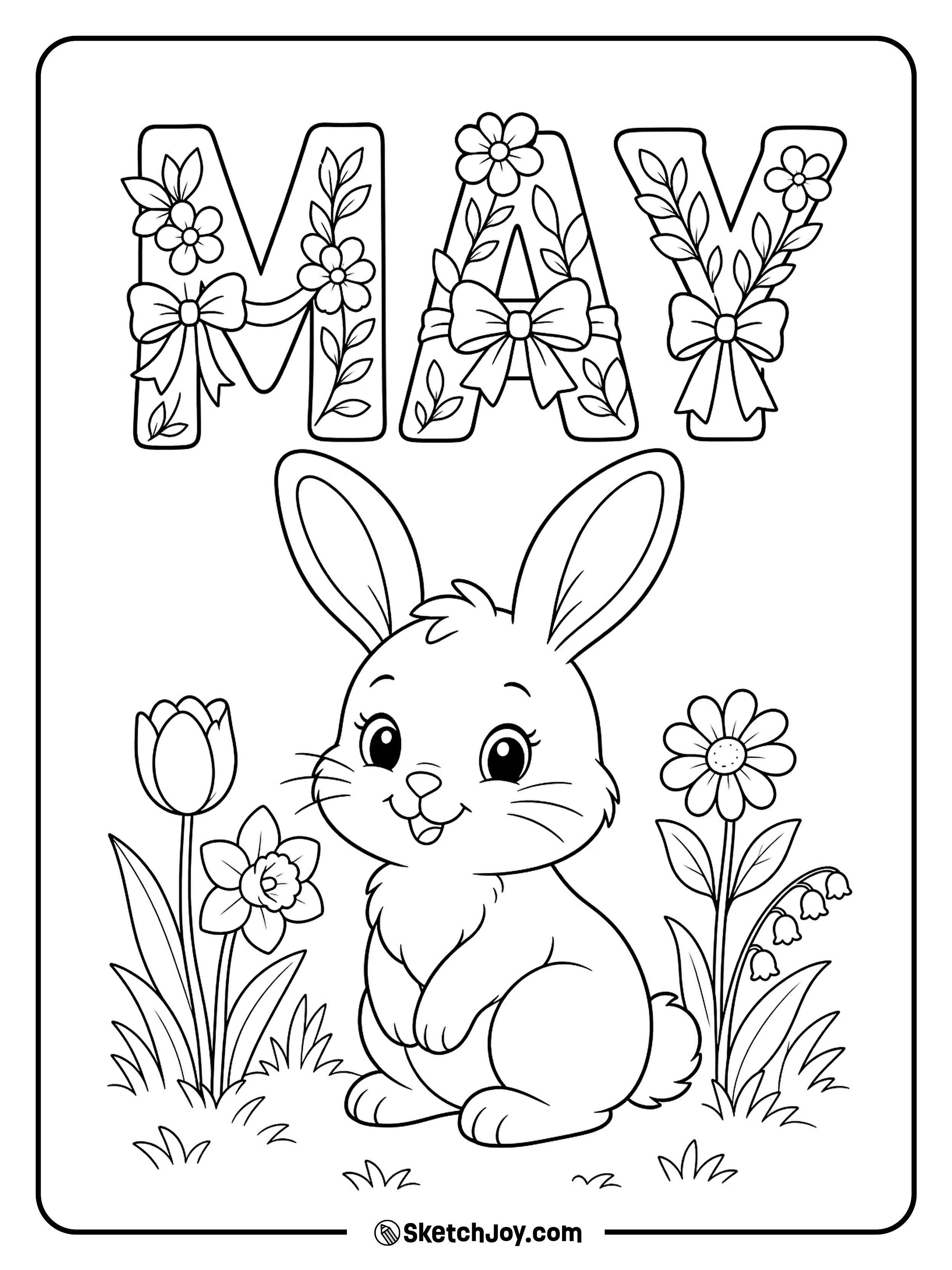 A bunny sits in flowers beside cheerful MAY letters.